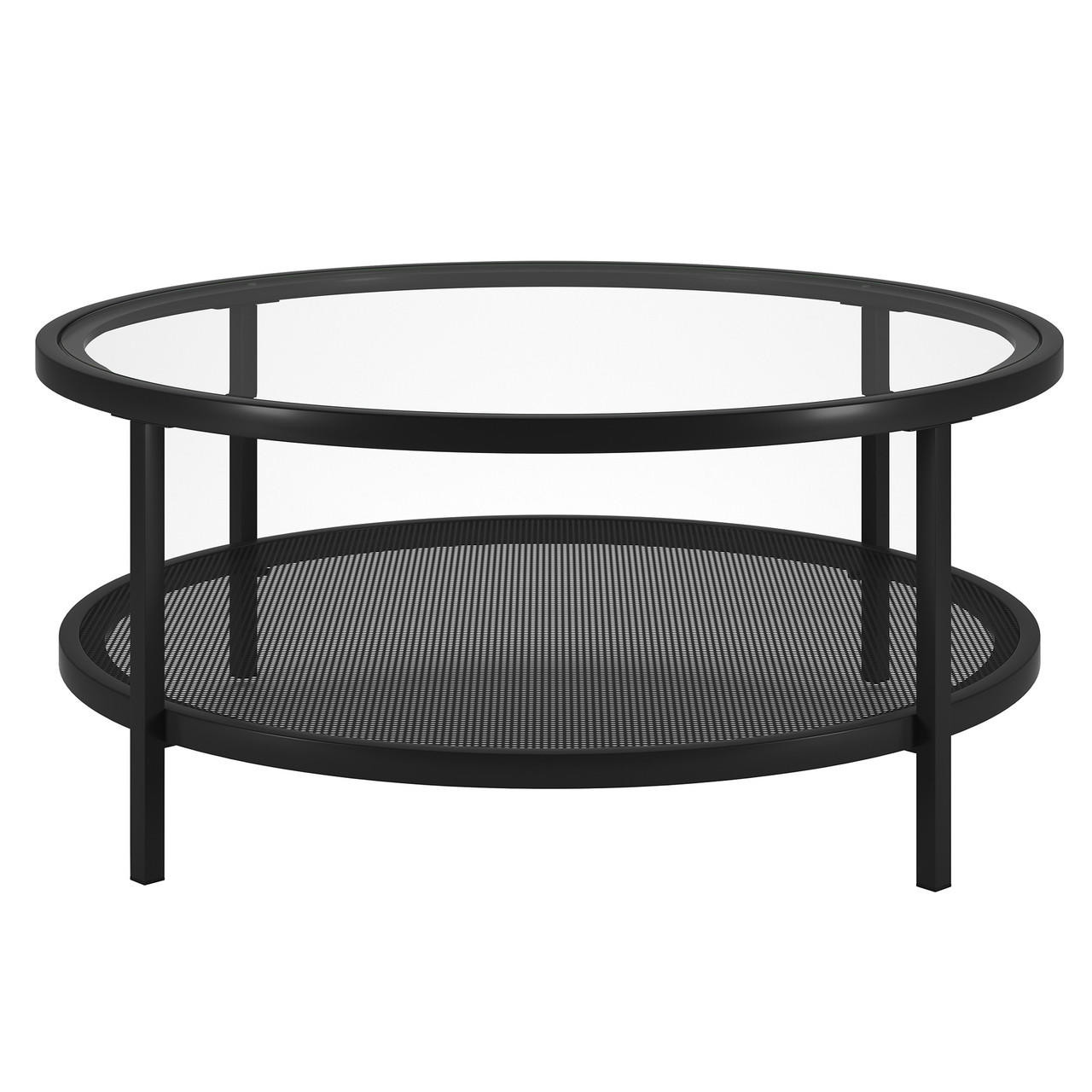 homeroots living room 36" Black Glass Round Coffee Table With Shelf - CP-HMEROOTS-521049 