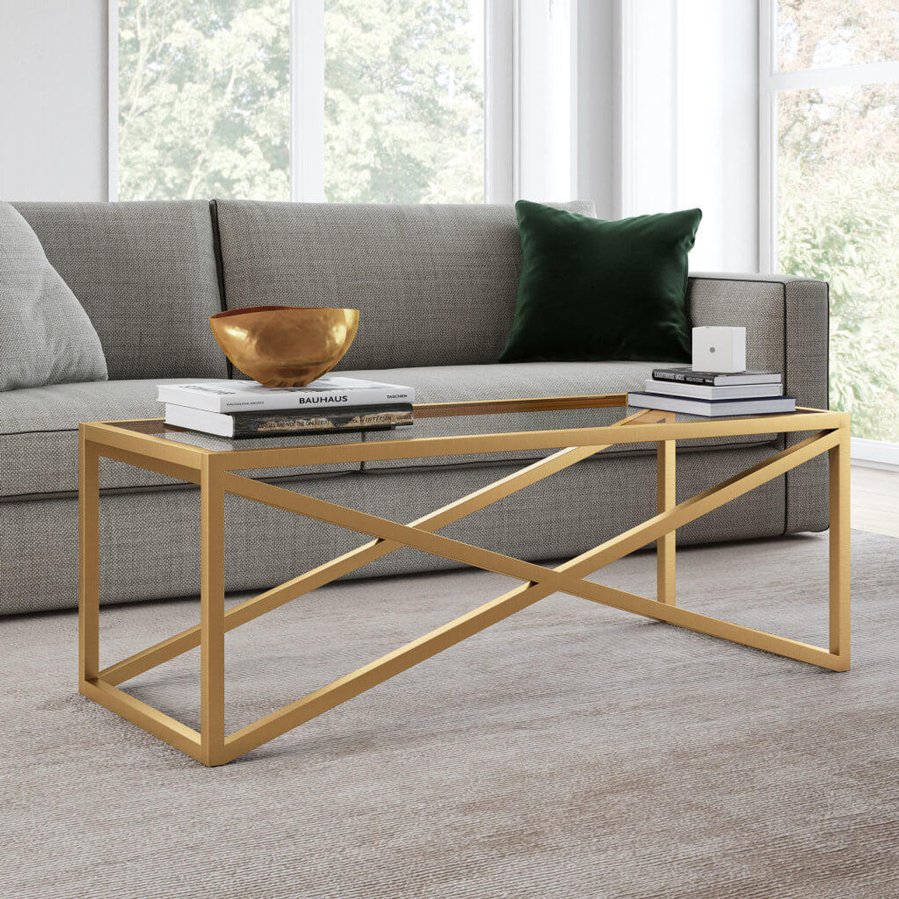 homeroots living room 46" Gold Glass Rectangular Coffee Table 