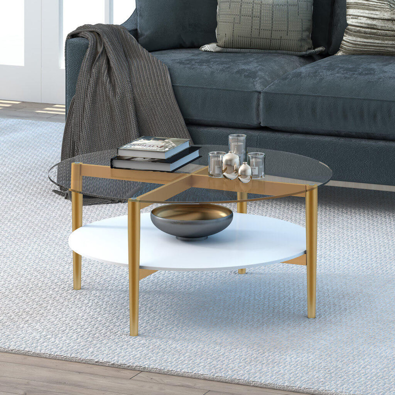 homeroots living room 36" Gold Glass Round Coffee Table With Shelf 