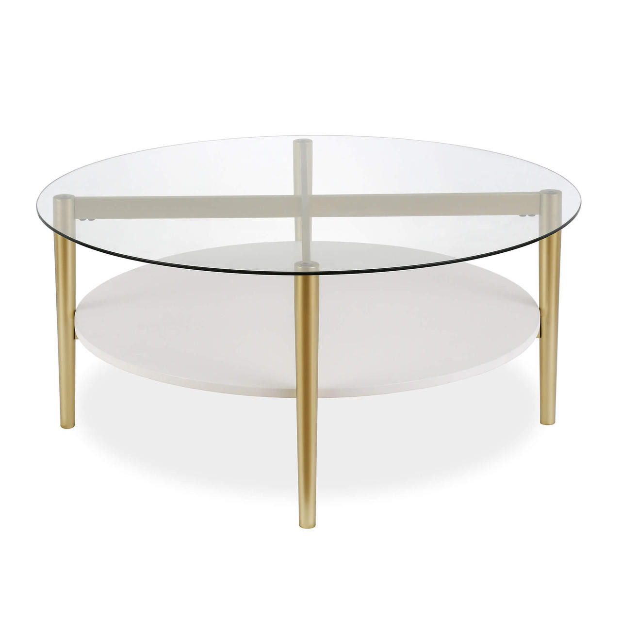 homeroots living room 36" Gold Glass Round Coffee Table With Shelf 
