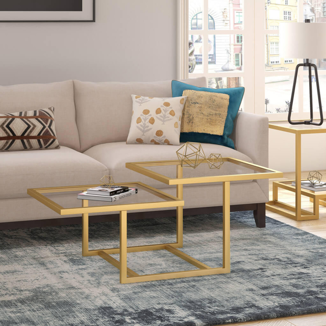 homeroots living room 43" Gold Glass Square Coffee Table With Two Shelves 