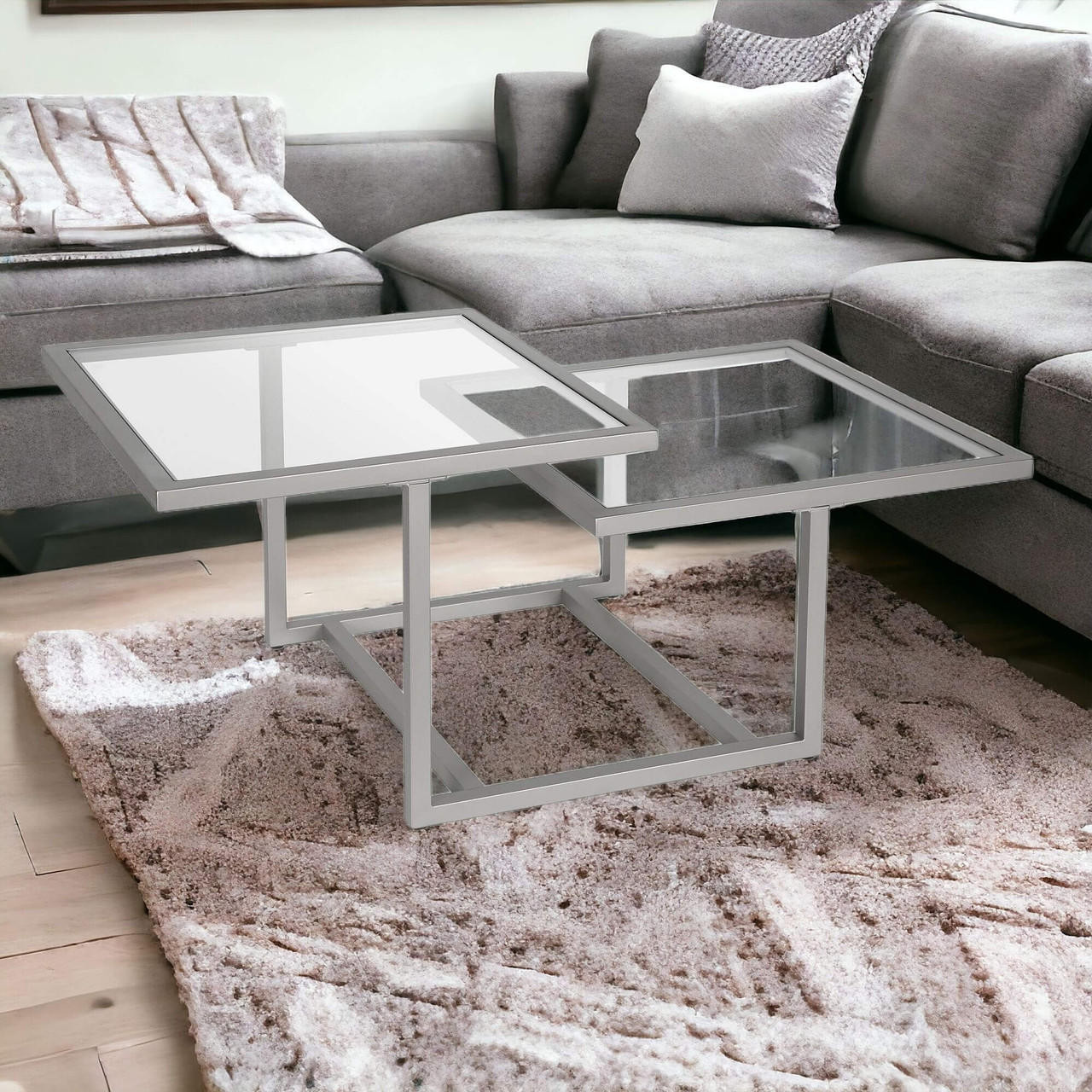 homeroots living room 43" Silver Glass Square Coffee Table With Two Shelves 