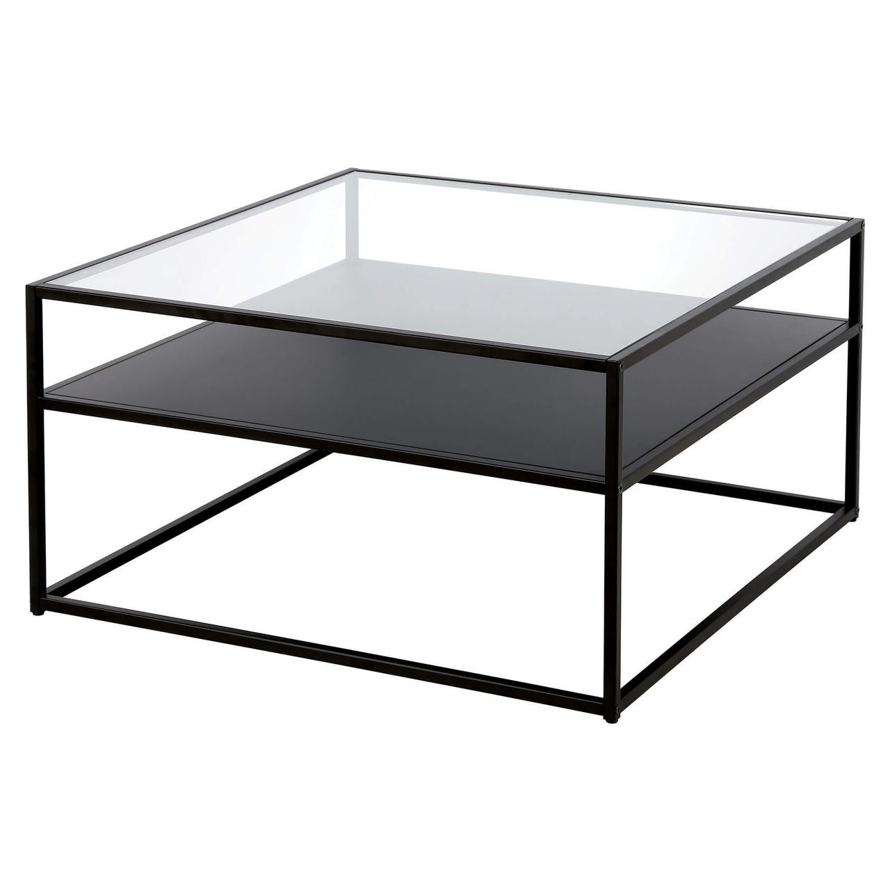homeroots living room 32" Black Glass Square Coffee Table With Shelf - CP-HMEROOTS-521057 