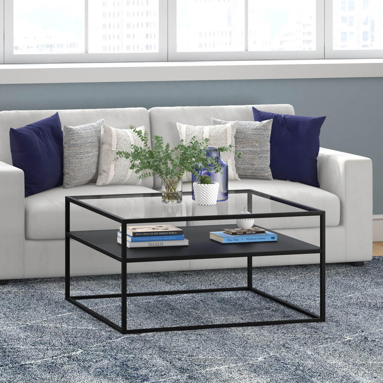 homeroots living room 32" Black Glass Square Coffee Table With Shelf - CP-HMEROOTS-521057 