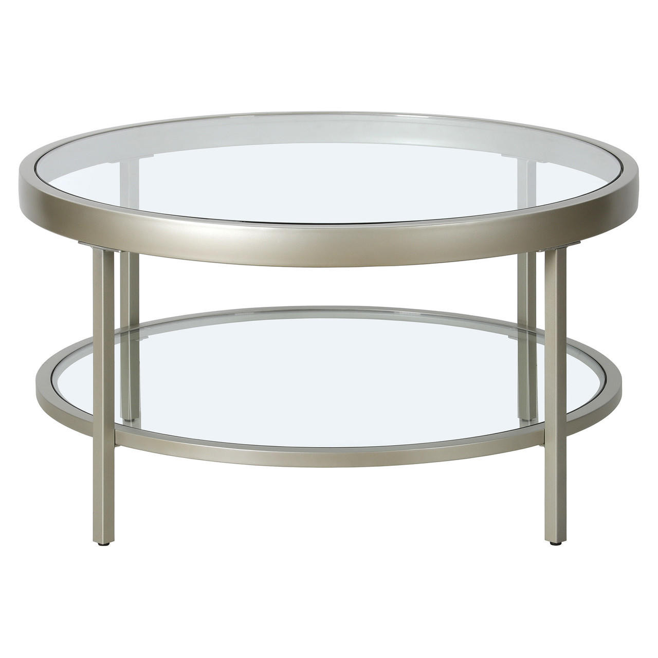homeroots living room 32" Silver Glass Round Coffee Table With Shelf 