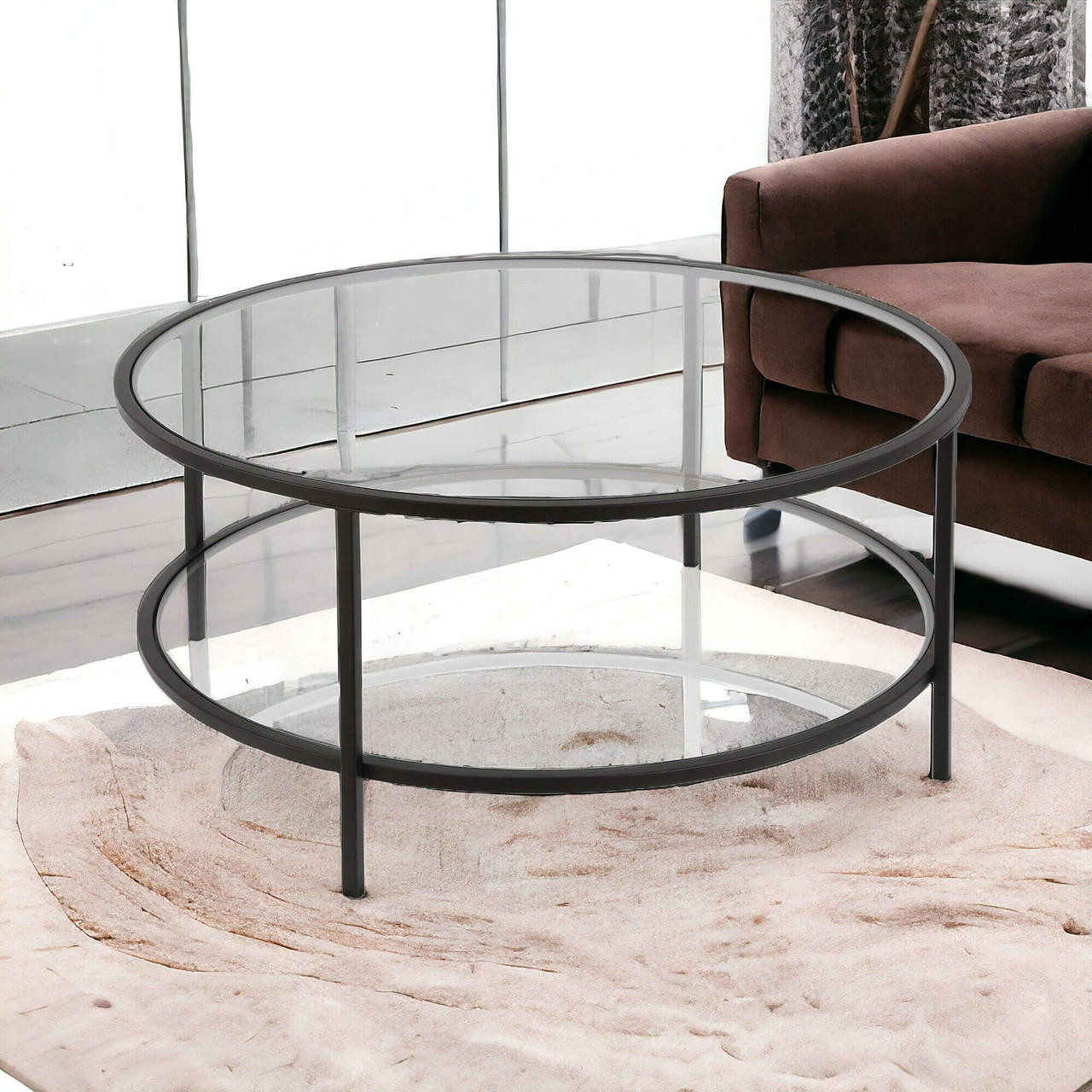 homeroots living room 36" Black Glass Round Coffee Table With Shelf - CP-HMEROOTS-521061 