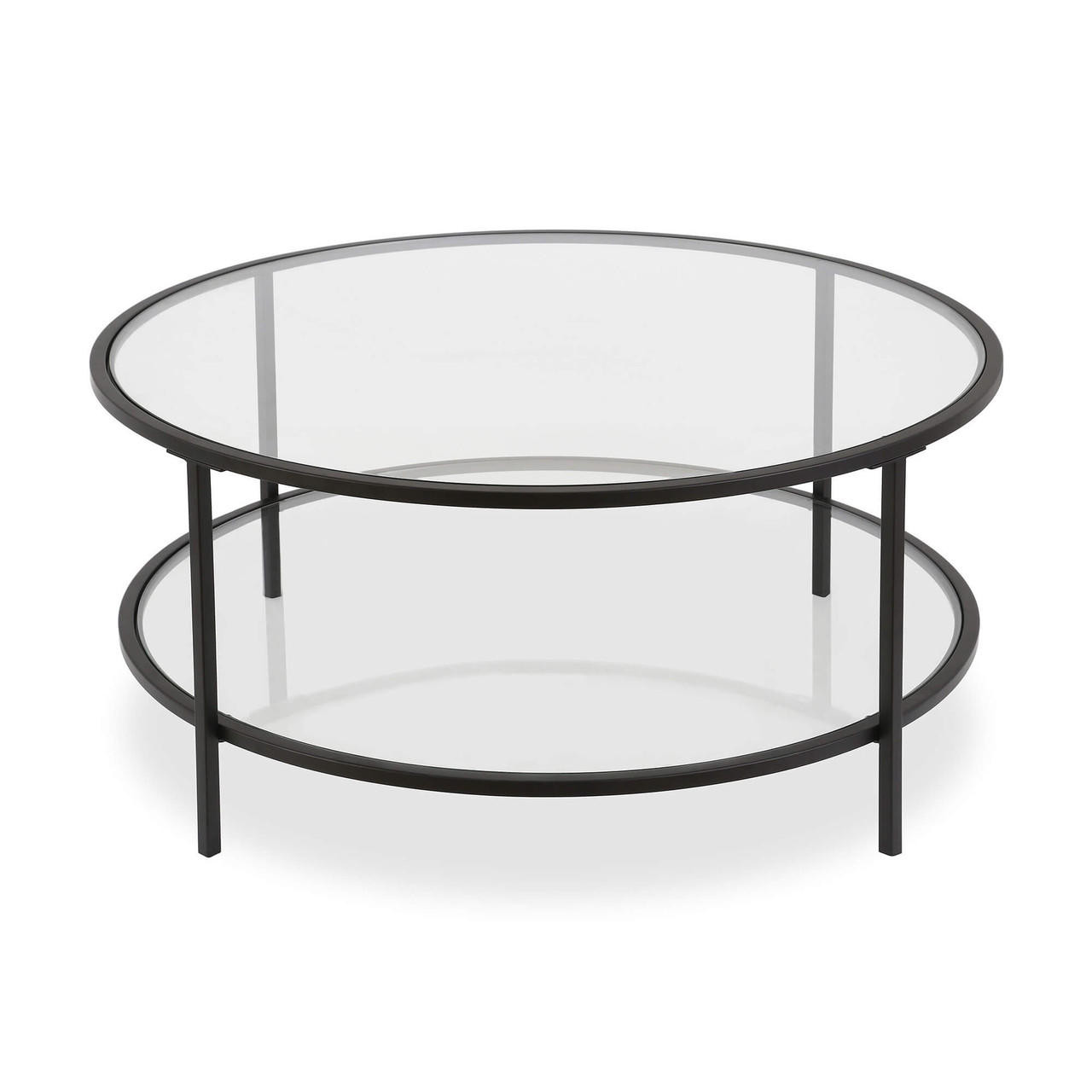 homeroots living room 36" Black Glass Round Coffee Table With Shelf - CP-HMEROOTS-521061 