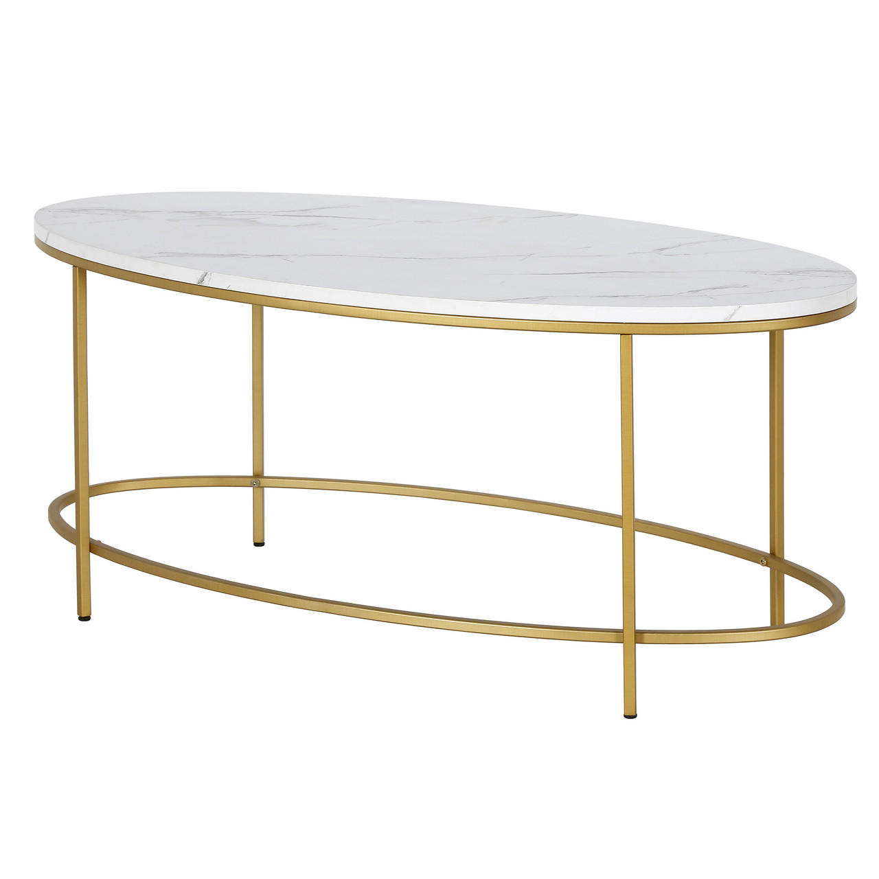 homeroots living room 42" Gold And White Faux Marble Oval Coffee Table 