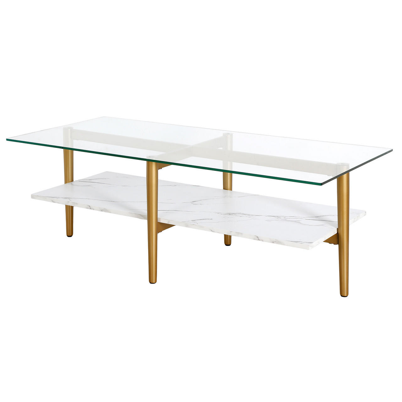 homeroots living room 47" Gold And White Glass Rectangular Coffee Table With Shelf 