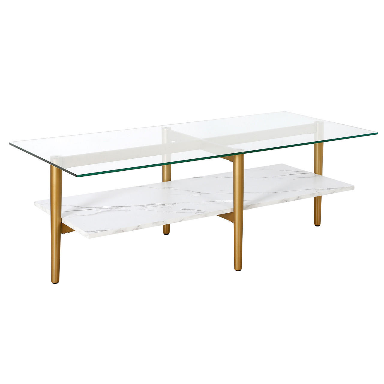 homeroots living room 47" Gold And White Glass Rectangular Coffee Table With Shelf 