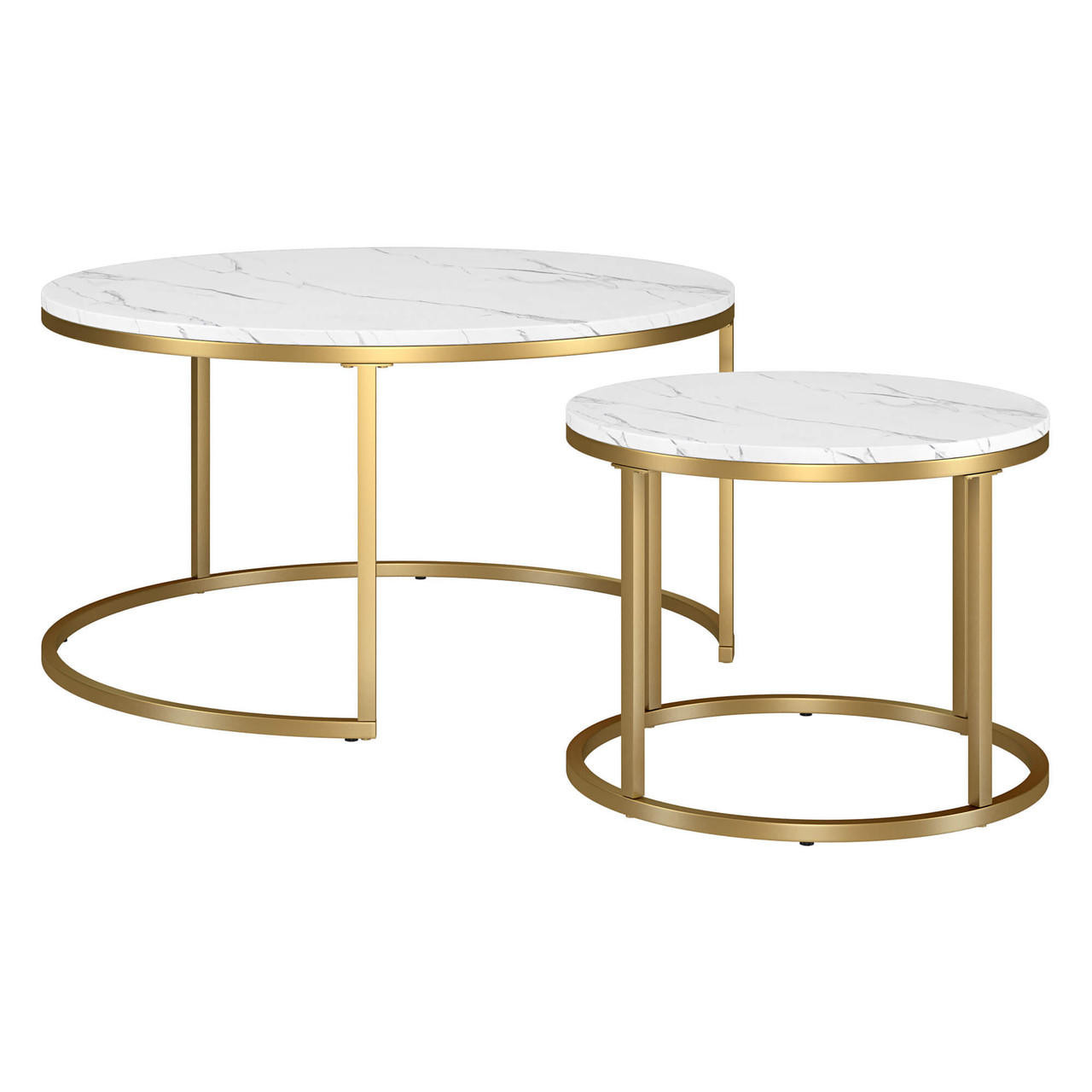 homeroots living room Set Of Two 35" Gold And White Faux Marble Round Nested Coffee Tables 