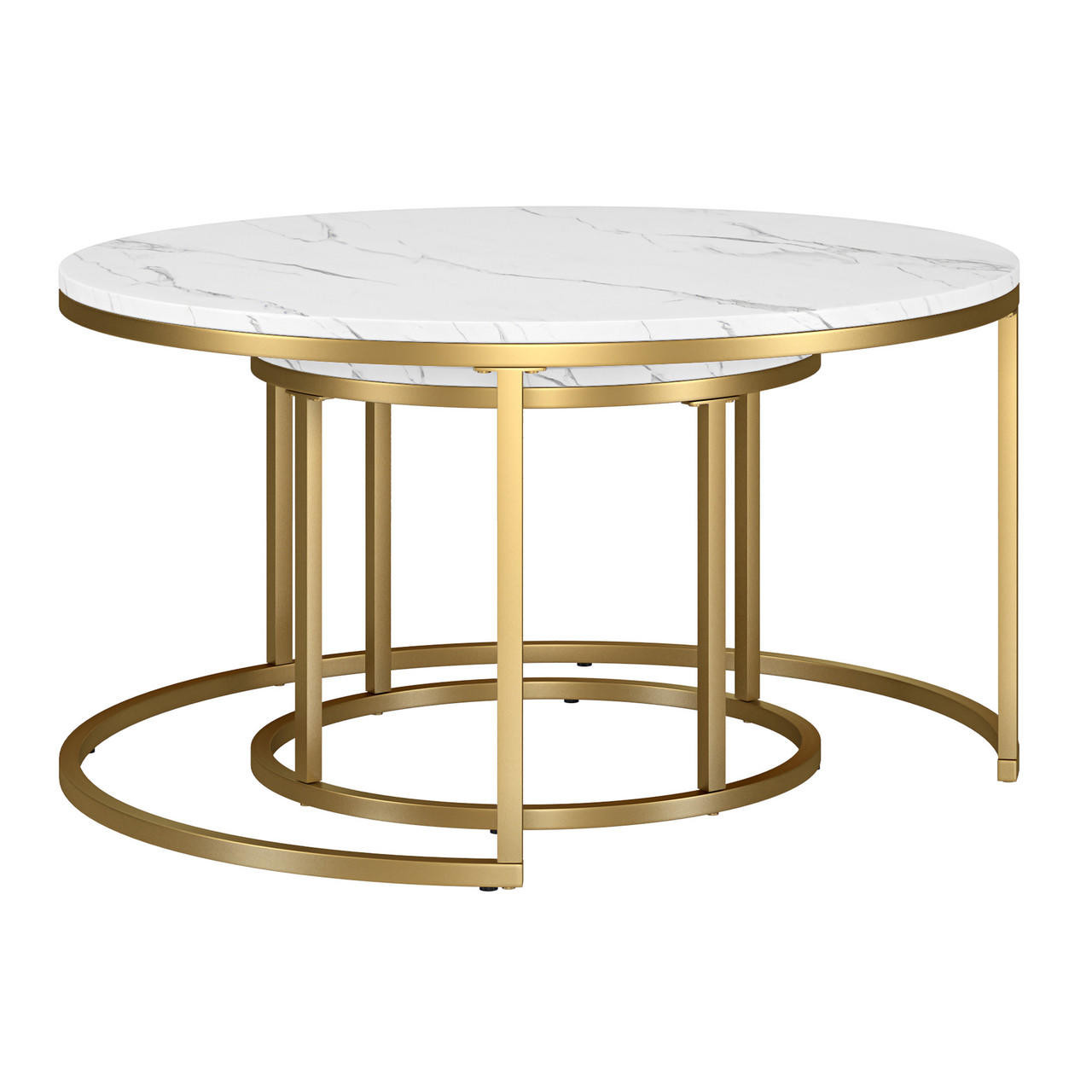 homeroots living room Set Of Two 35" Gold And White Faux Marble Round Nested Coffee Tables 