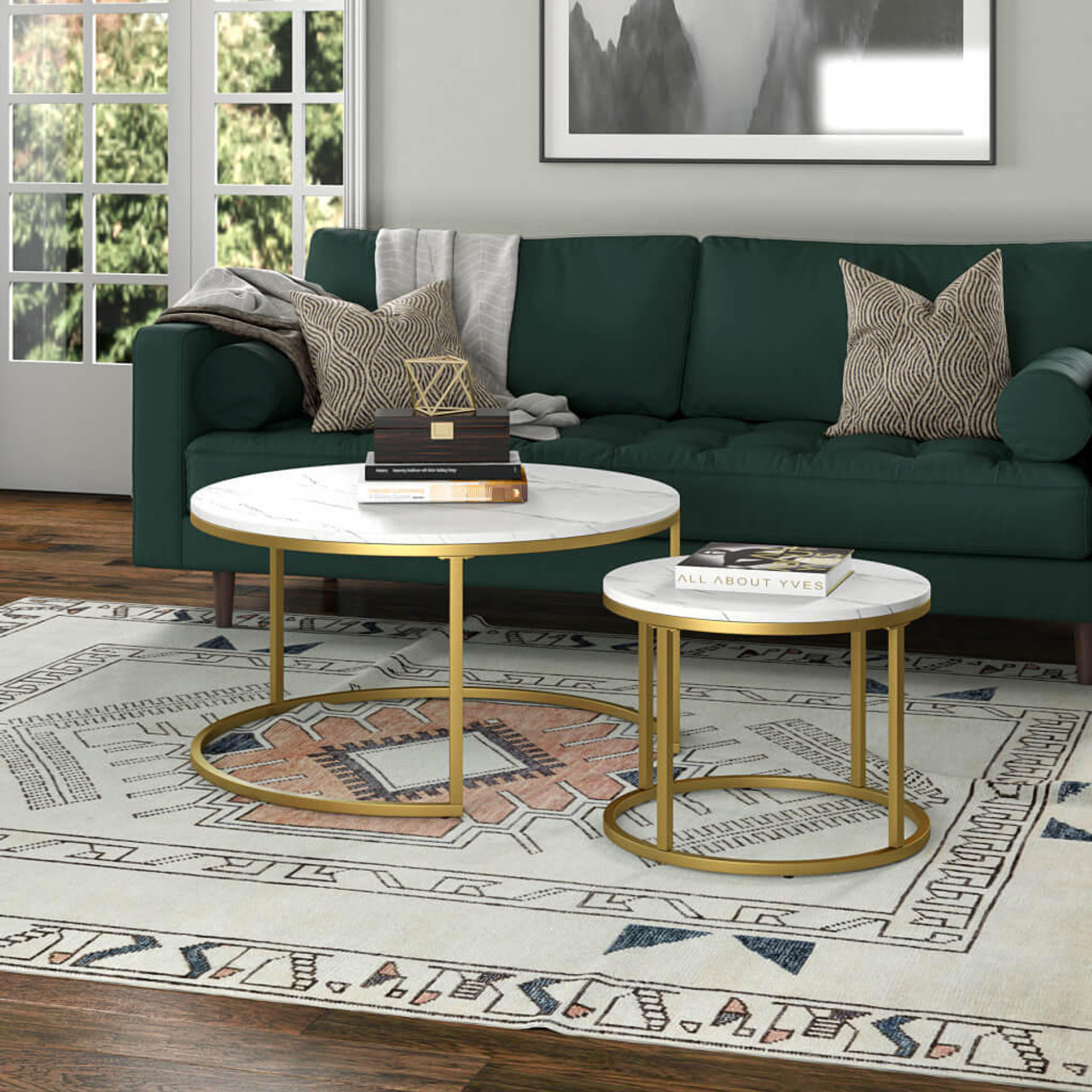 homeroots living room Set Of Two 35" Gold And White Faux Marble Round Nested Coffee Tables 