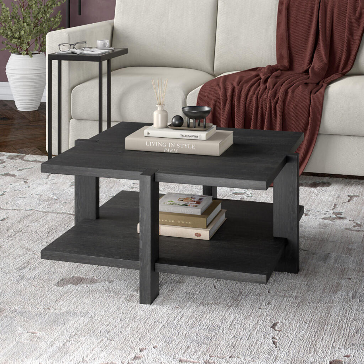 homeroots living room 35" Gray Manufactured Wood Square Coffee Table With Shelf - CP-HMEROOTS-521627 