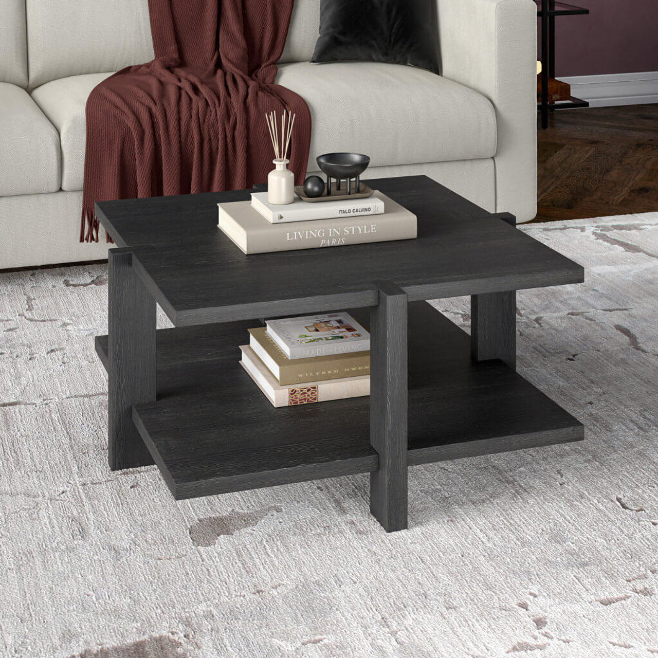 homeroots living room 35" Gray Manufactured Wood Square Coffee Table With Shelf - CP-HMEROOTS-521627 