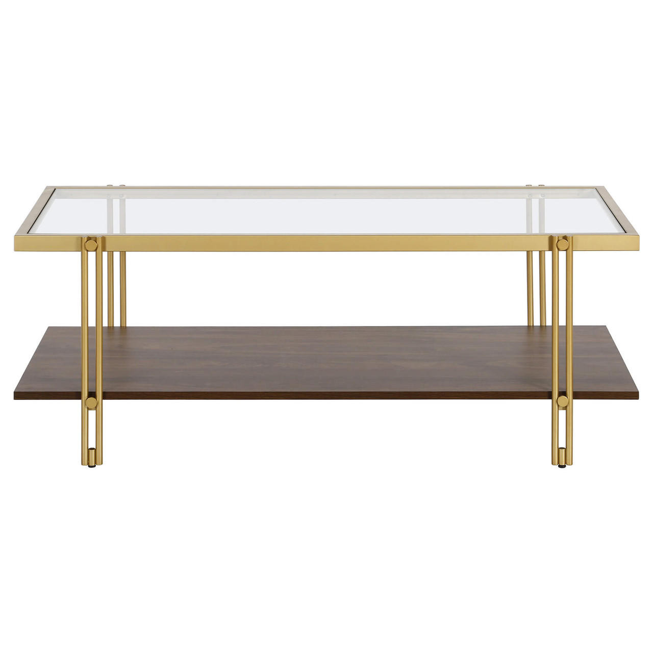 homeroots living room 45" Gold And Brown Glass Rectangular Coffee Table With Shelf 