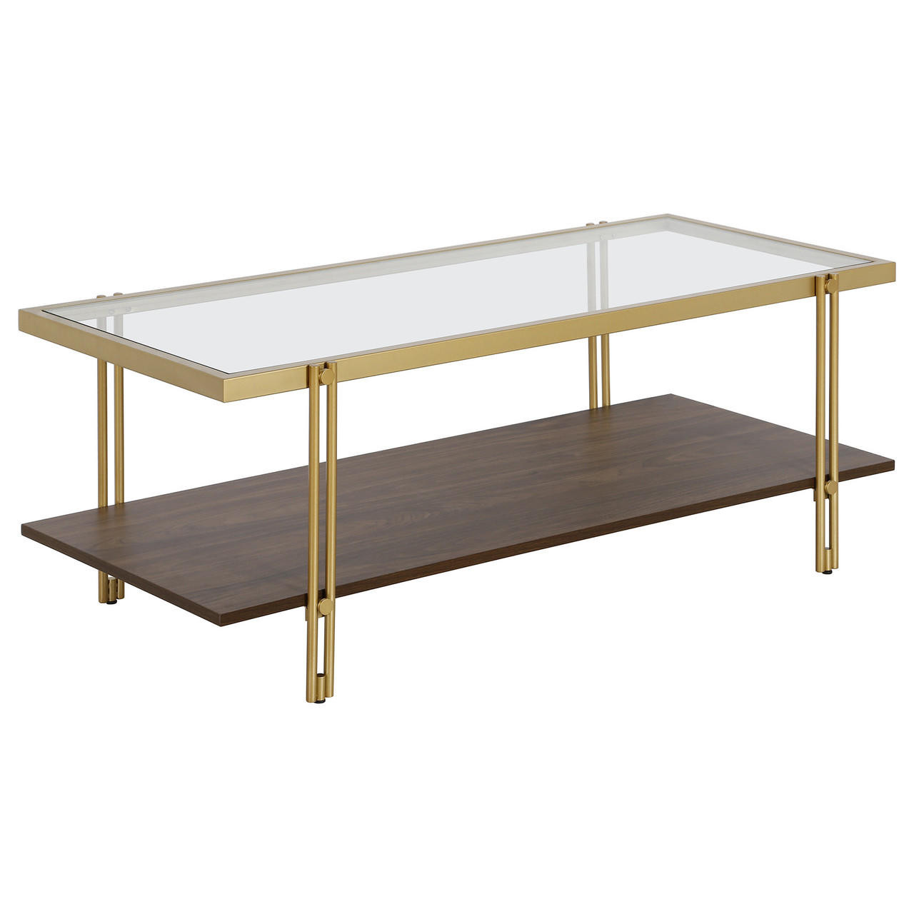 homeroots living room 45" Gold And Brown Glass Rectangular Coffee Table With Shelf 