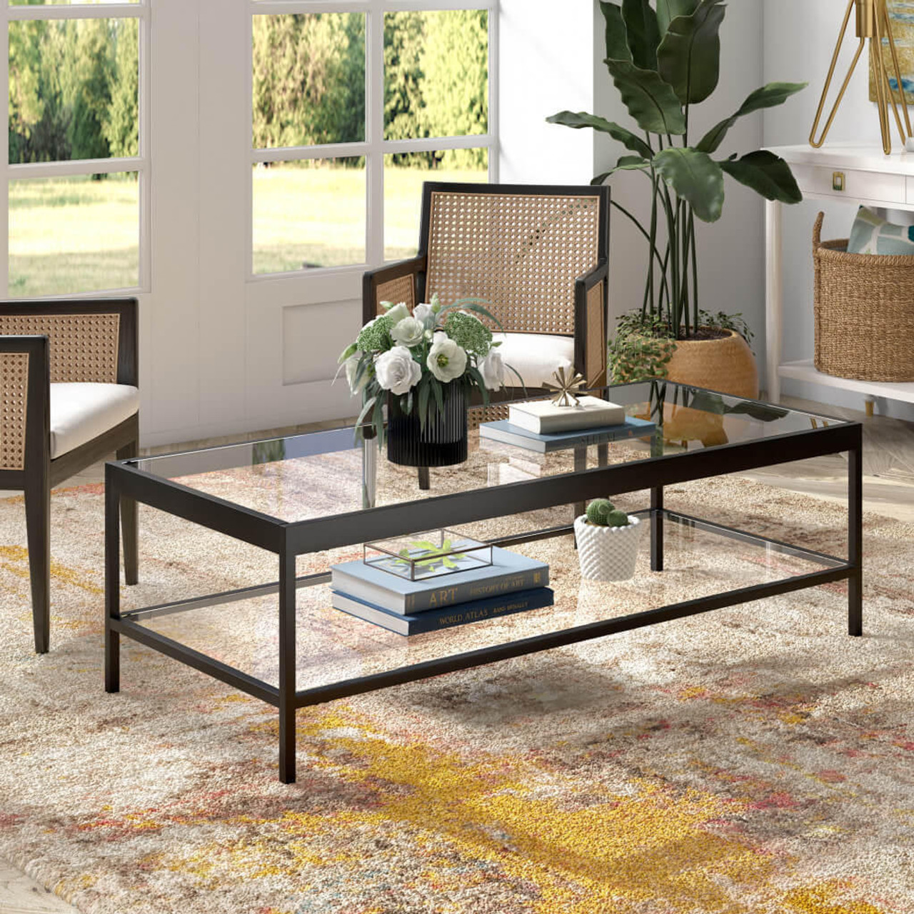 homeroots living room 54" Black Glass Rectangular Coffee Table With Shelf - CP-HMEROOTS-521977 