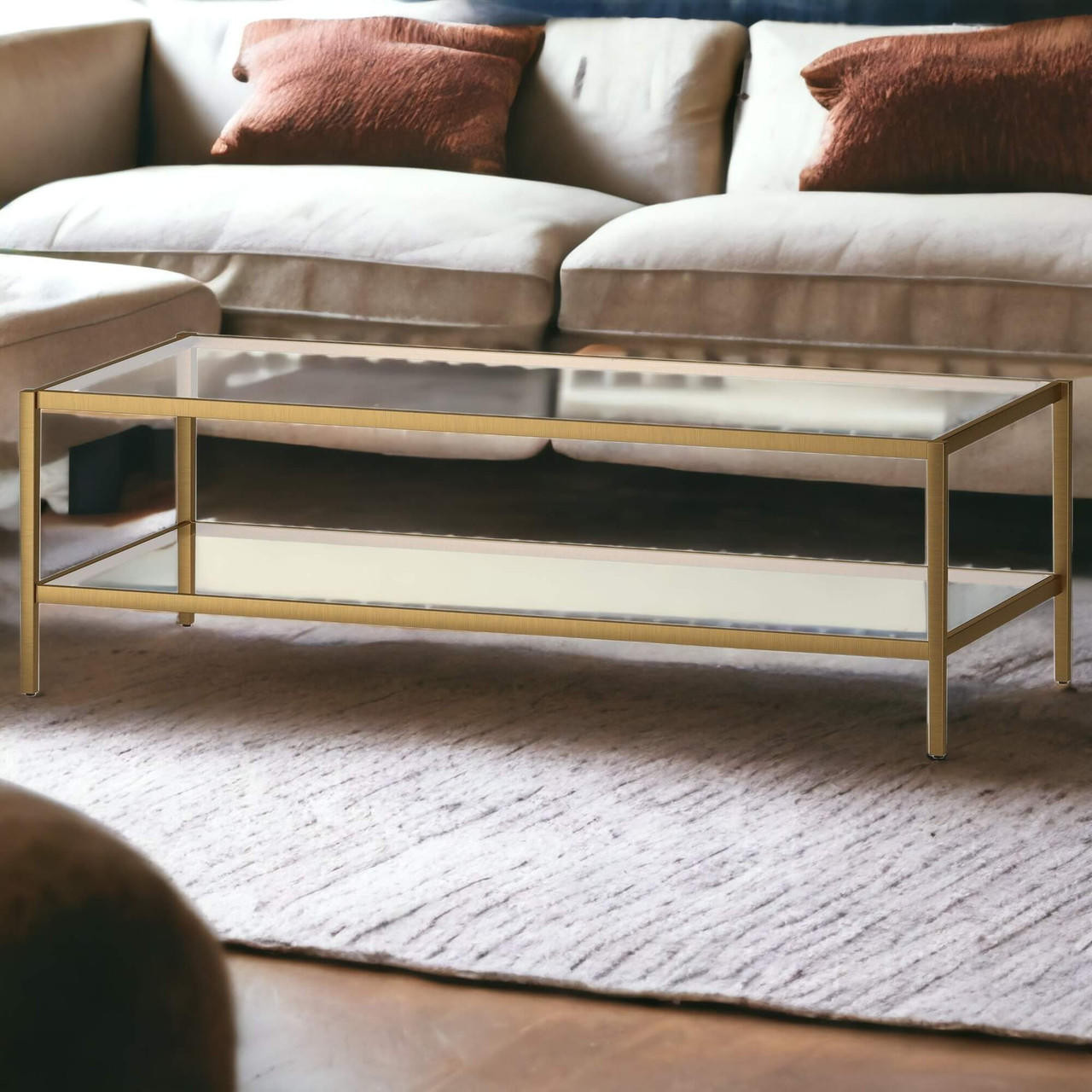 homeroots living room 54" Gold And Clear Glass Rectangular Coffee Table With Shelf 