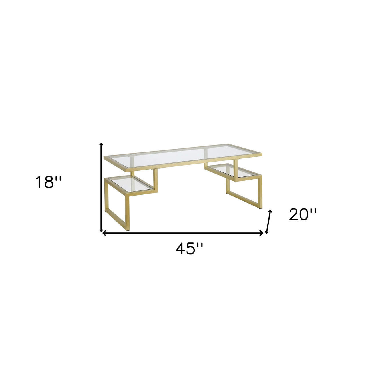 homeroots living room 45" Gold Glass Rectangular Coffee Table With Two Shelves 