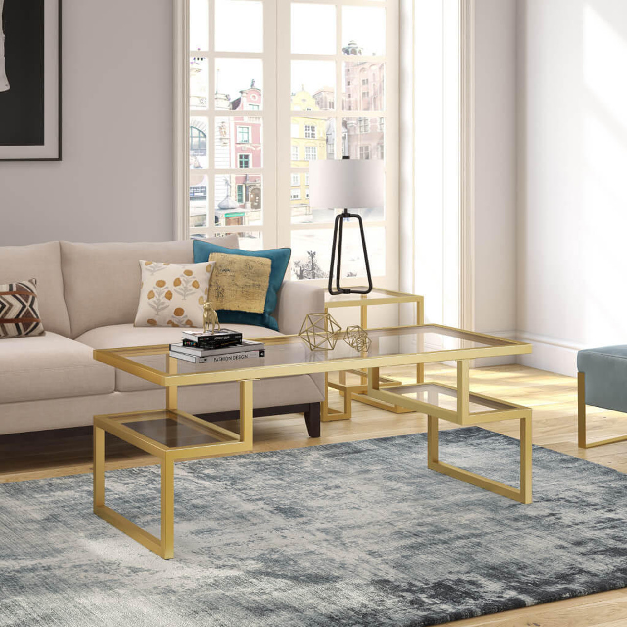 homeroots living room 45" Gold Glass Rectangular Coffee Table With Two Shelves 