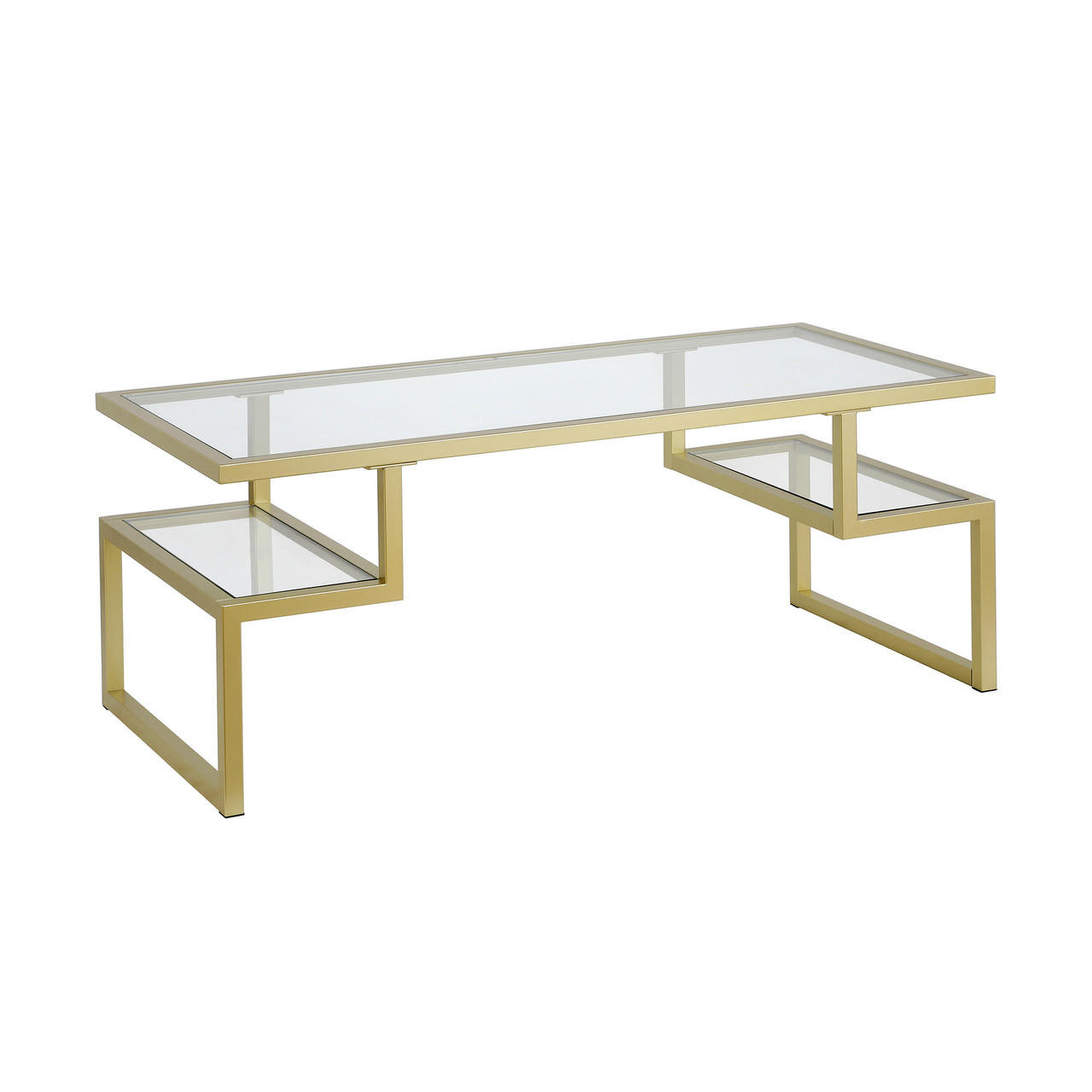 homeroots living room 45" Gold Glass Rectangular Coffee Table With Two Shelves 