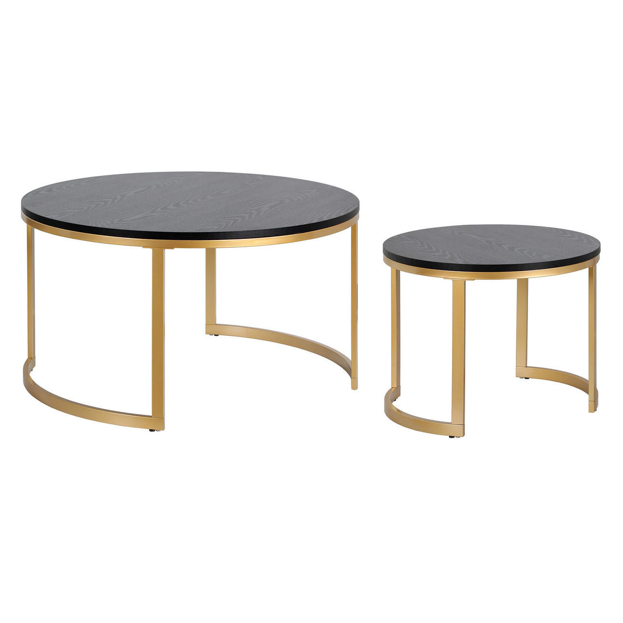 homeroots living room Set Of Two 36" Gold And Black Manufactured Wood Round Nested Coffee Tables 
