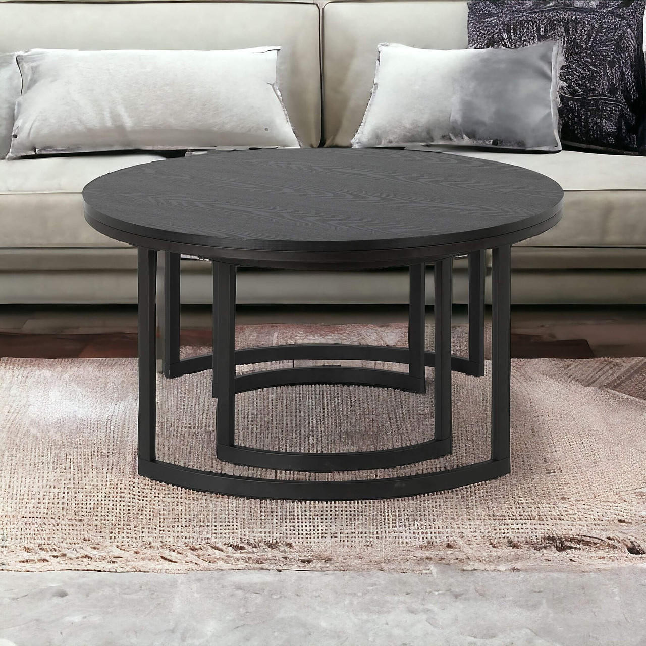 homeroots living room Set Of Two 36" Black Manufactured Wood Round Nested Coffee Tables 