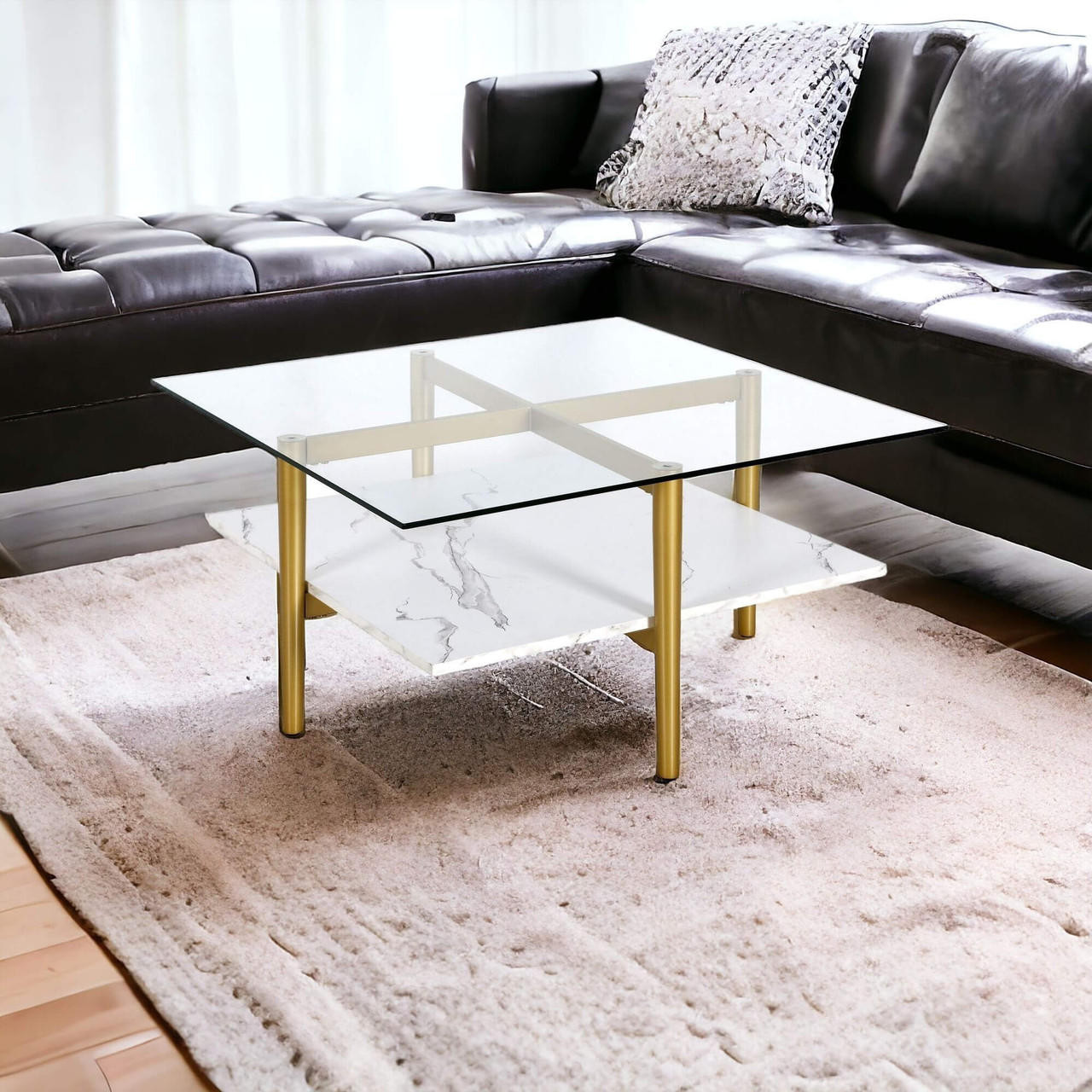 homeroots living room 32" Gold And White Glass Square Coffee Table With Shelf - CP-HMEROOTS-521991 