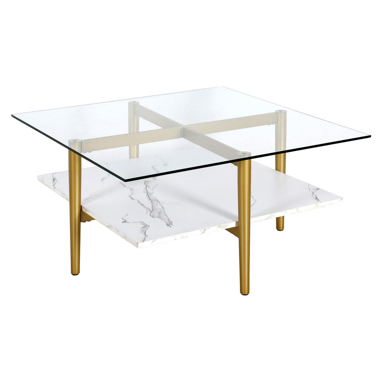 homeroots living room 32" Gold And White Glass Square Coffee Table With Shelf - CP-HMEROOTS-521991 