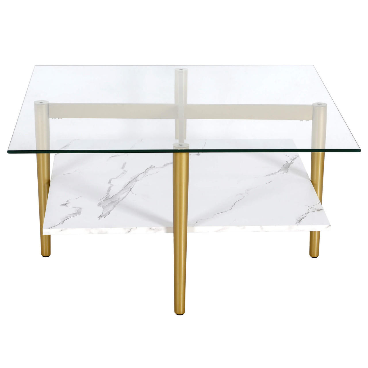 homeroots living room 32" Gold And White Glass Square Coffee Table With Shelf - CP-HMEROOTS-521991 