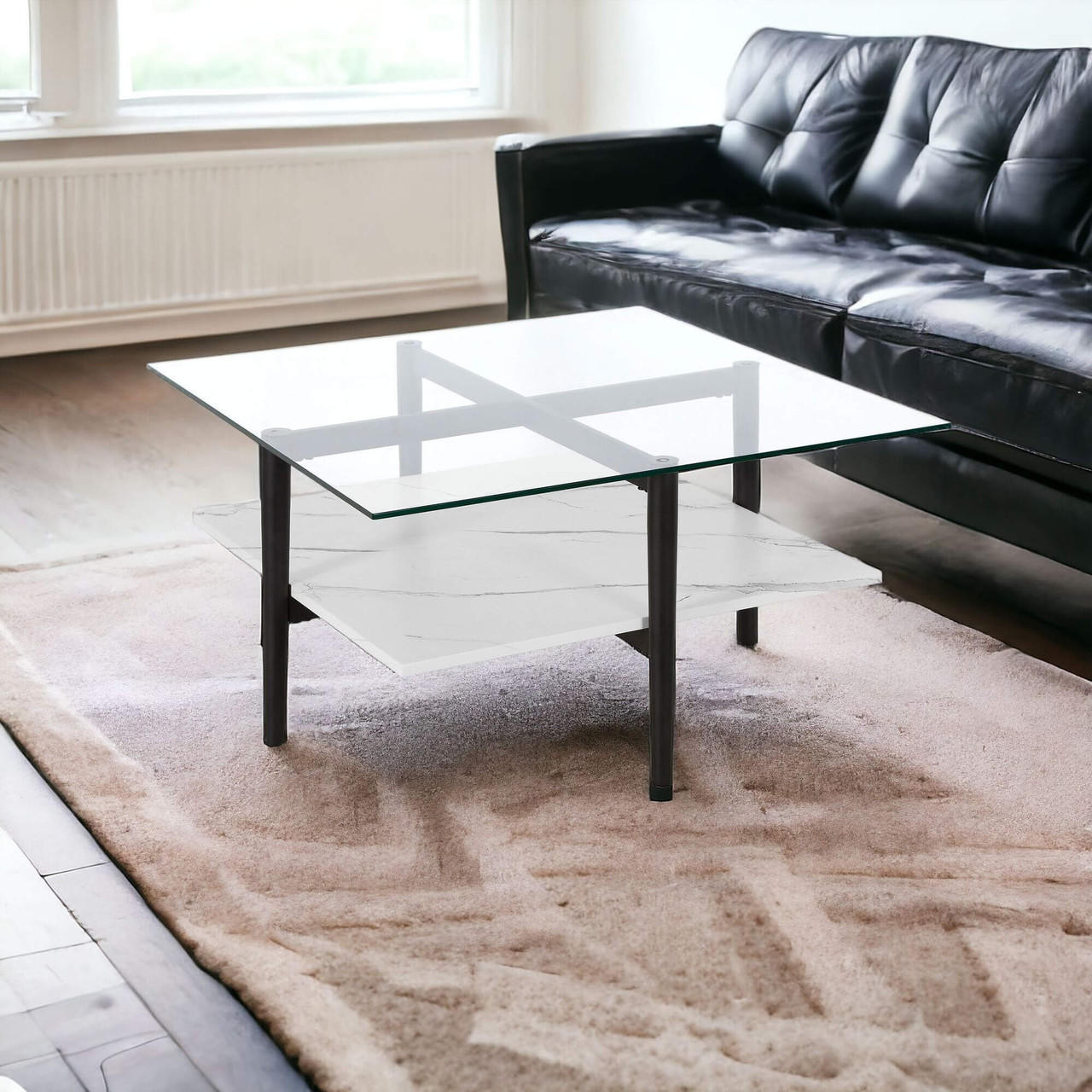 homeroots living room 32" Black And White Glass Square Coffee Table With Shelf - CP-HMEROOTS-521993 