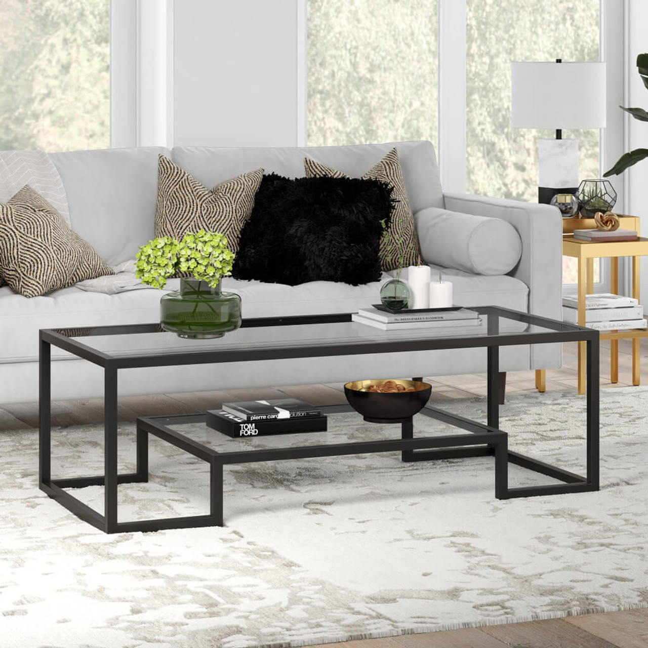 homeroots living room 54" Black Glass Rectangular Coffee Table With Shelf - CP-HMEROOTS-521998 