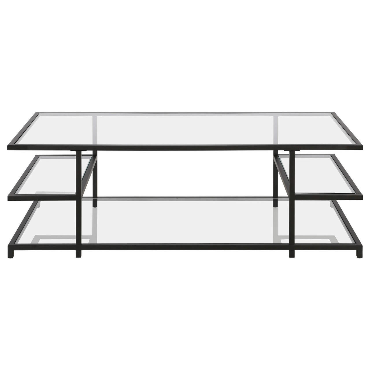 homeroots living room 54" Black Glass Rectangular Coffee Table With Three Shelves 