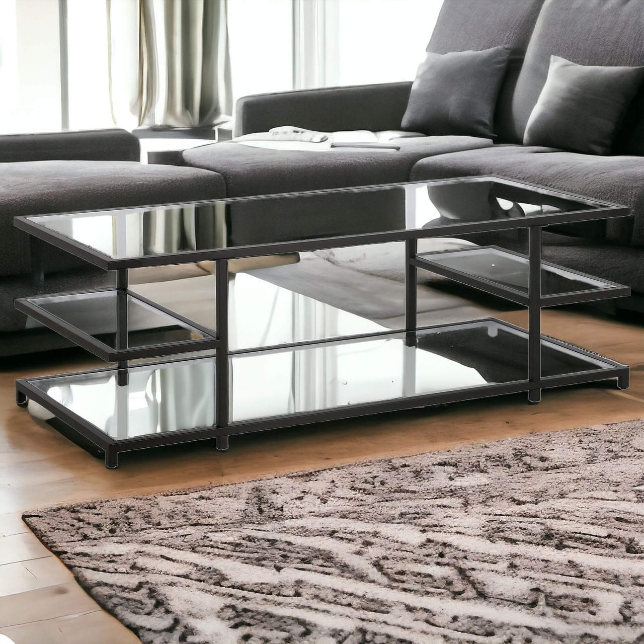 homeroots living room 54" Black Glass Rectangular Coffee Table With Three Shelves 
