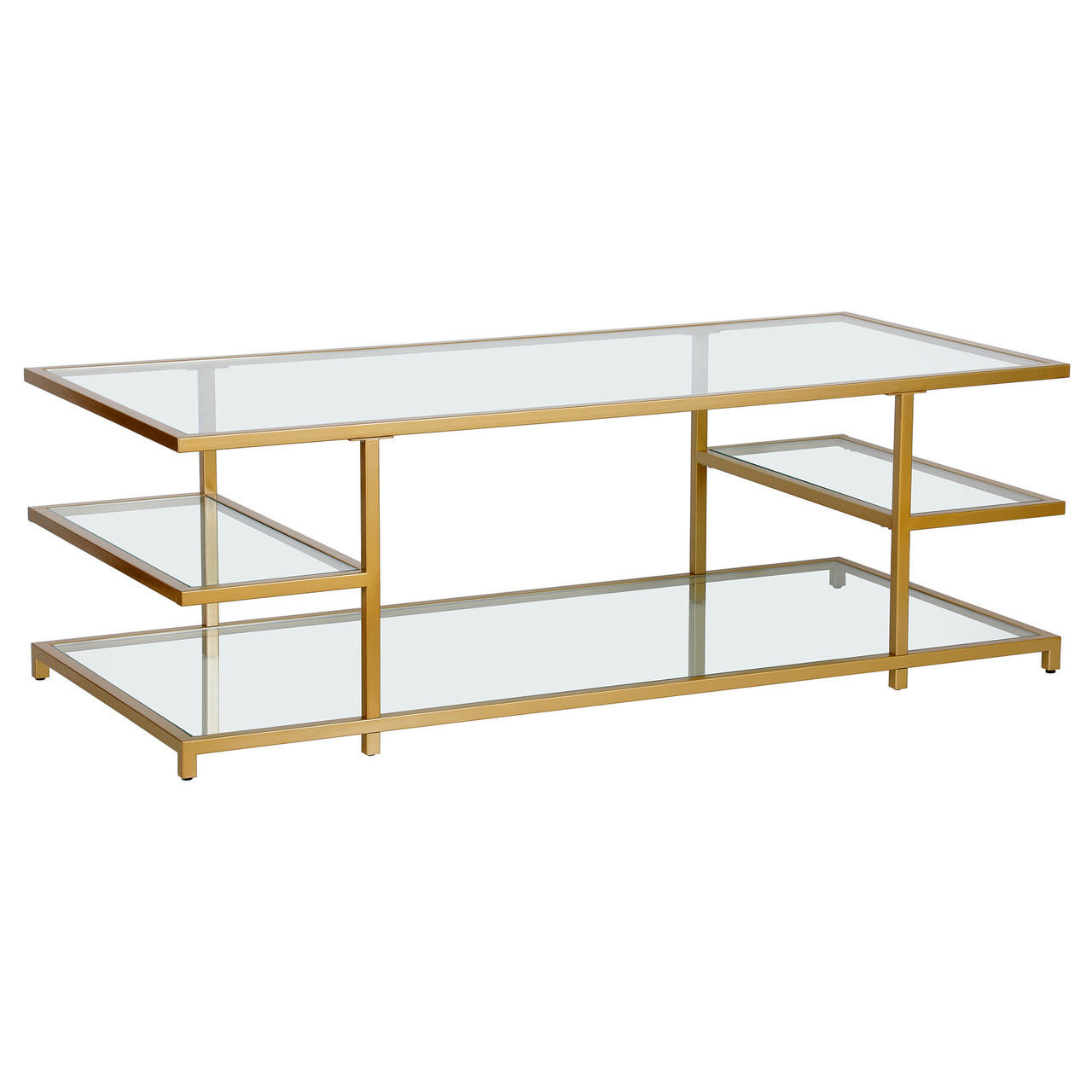 homeroots living room 54" Gold Glass Rectangular Coffee Table With Three Shelves 