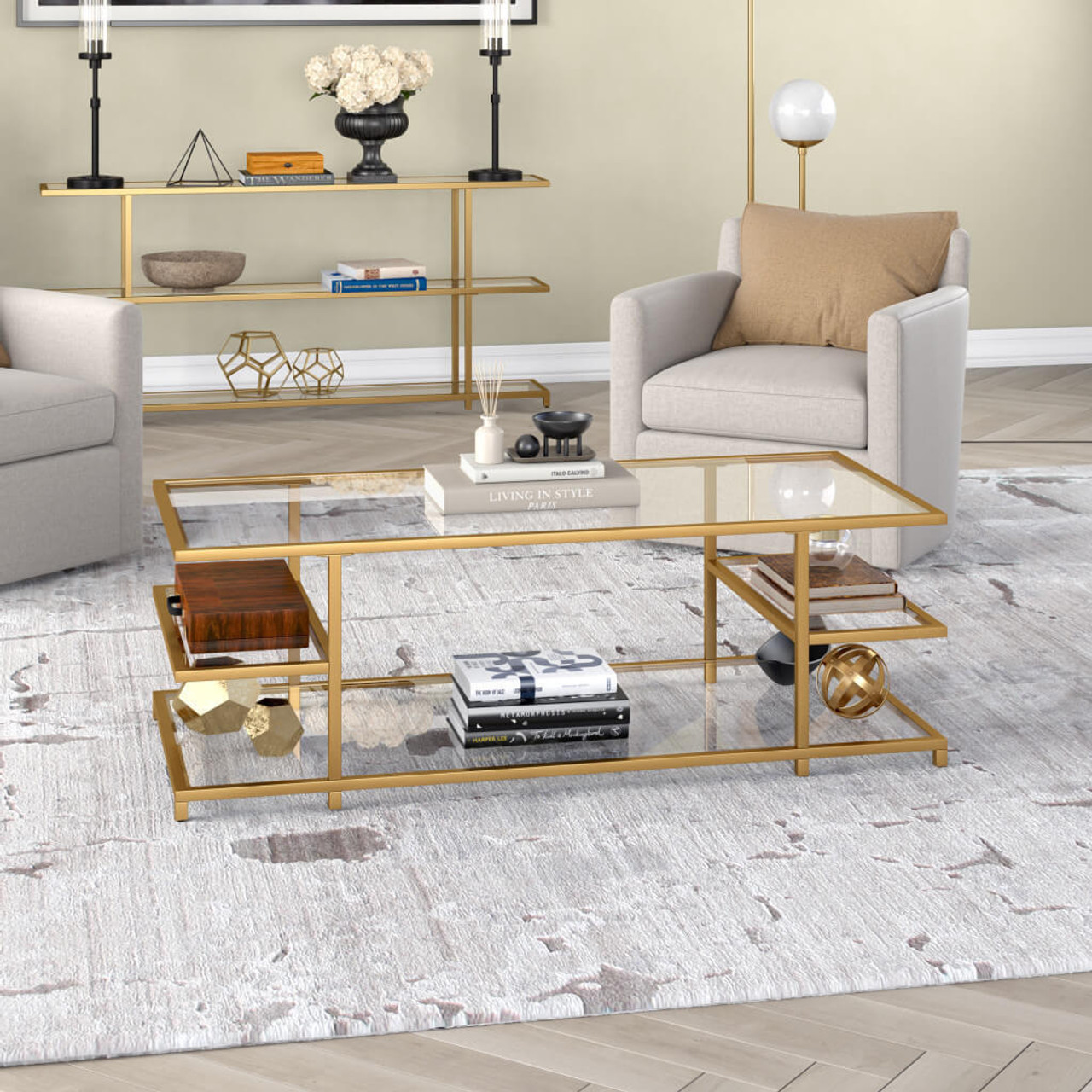 homeroots living room 54" Gold Glass Rectangular Coffee Table With Three Shelves 