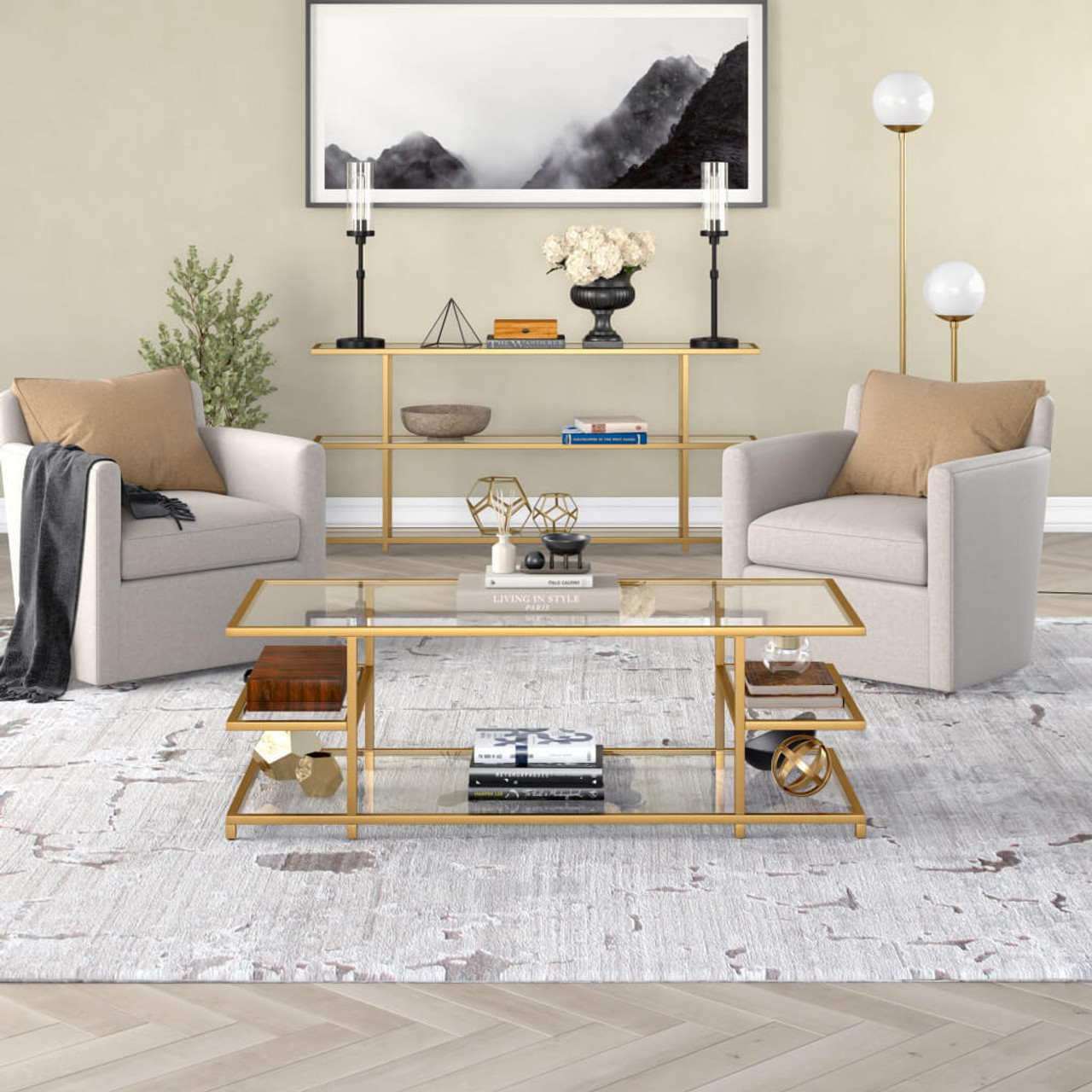 homeroots living room 54" Gold Glass Rectangular Coffee Table With Three Shelves 
