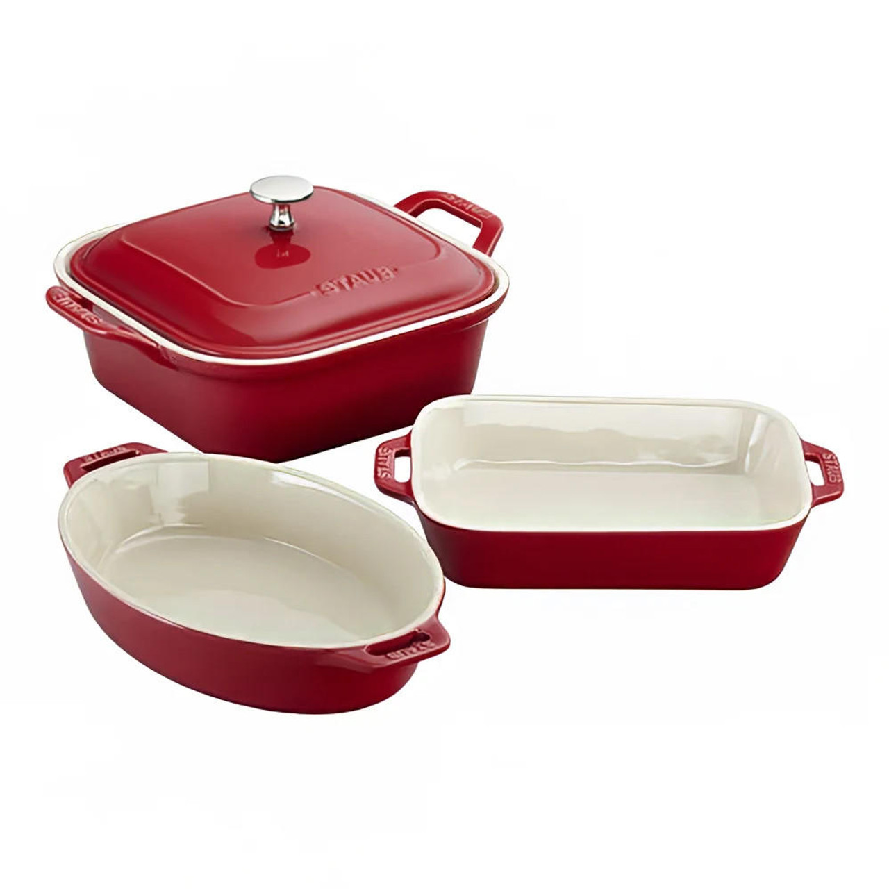  Staub 4-Piece Mixed Baking Dish Set - Ceramic, Cherry, Oval, Square with Lid 