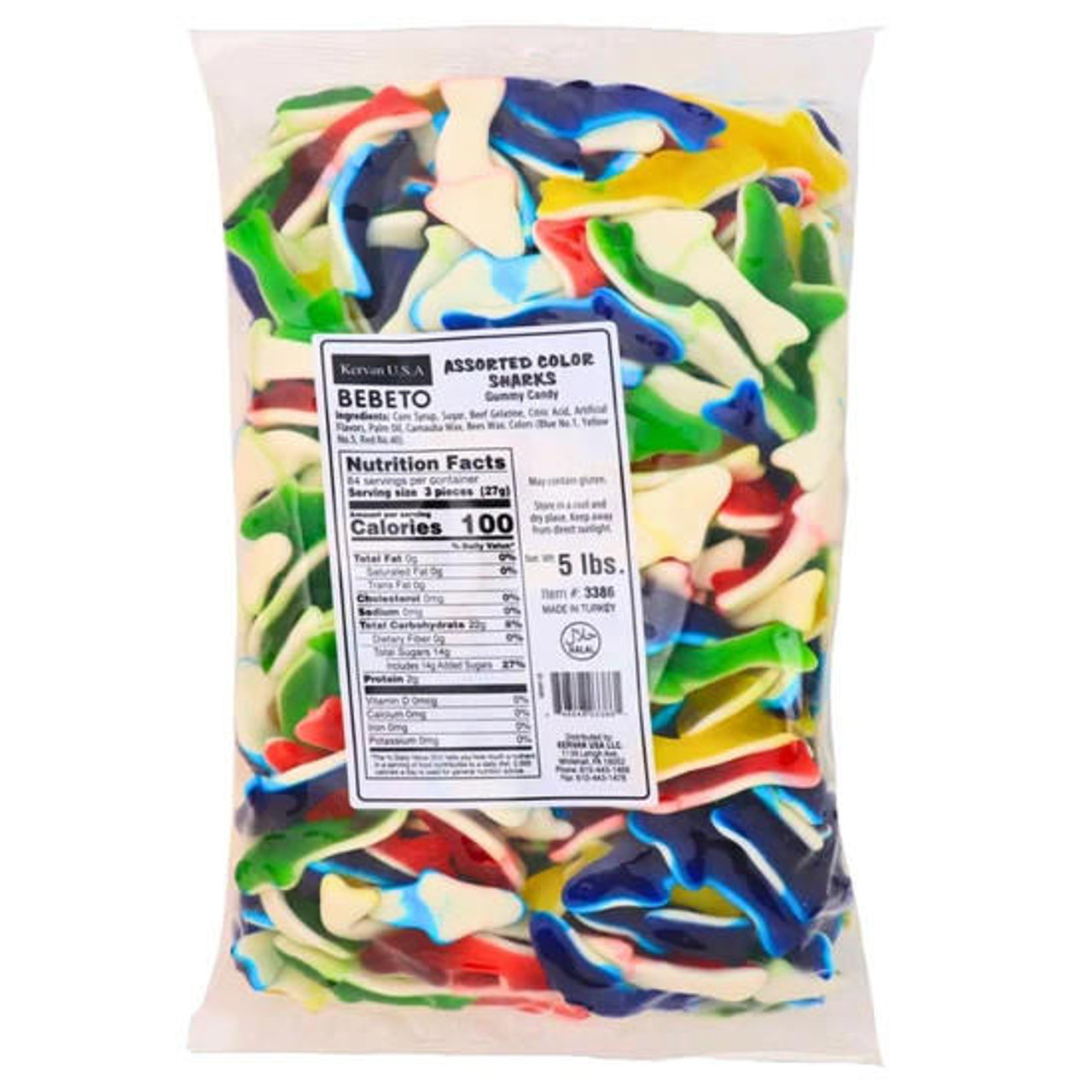  Kervan Assorted Colored Gummy Sharks 5 lb. - 4/Case - Shark Delights 