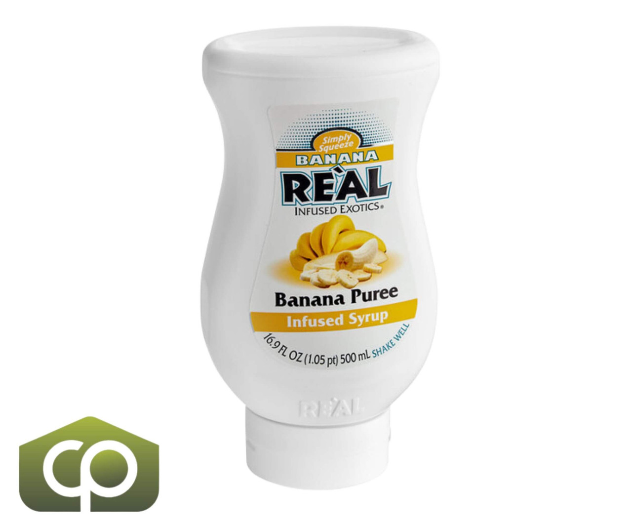 Real 16.9 fl. oz. Banana Puree Infused Syrup - Sweet Creamy Tropical Flavor - Chicken Pieces