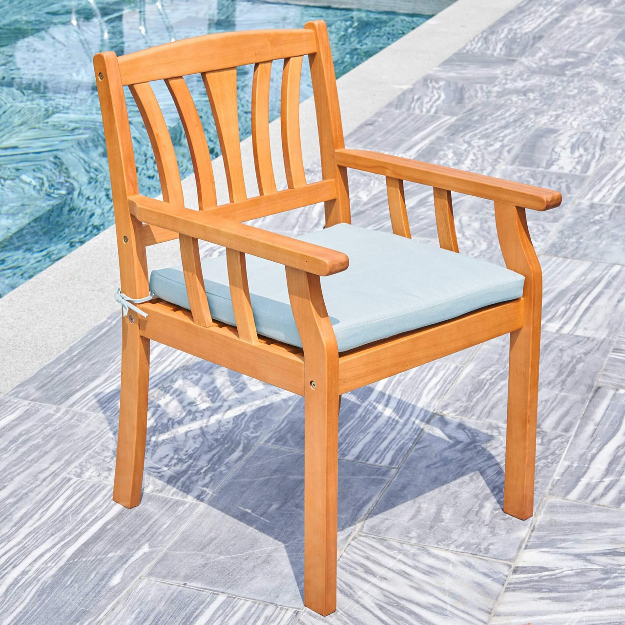 35" Natural Eucalyptus Slat Wood Outdoor Accent Chair with Aqua Cushion