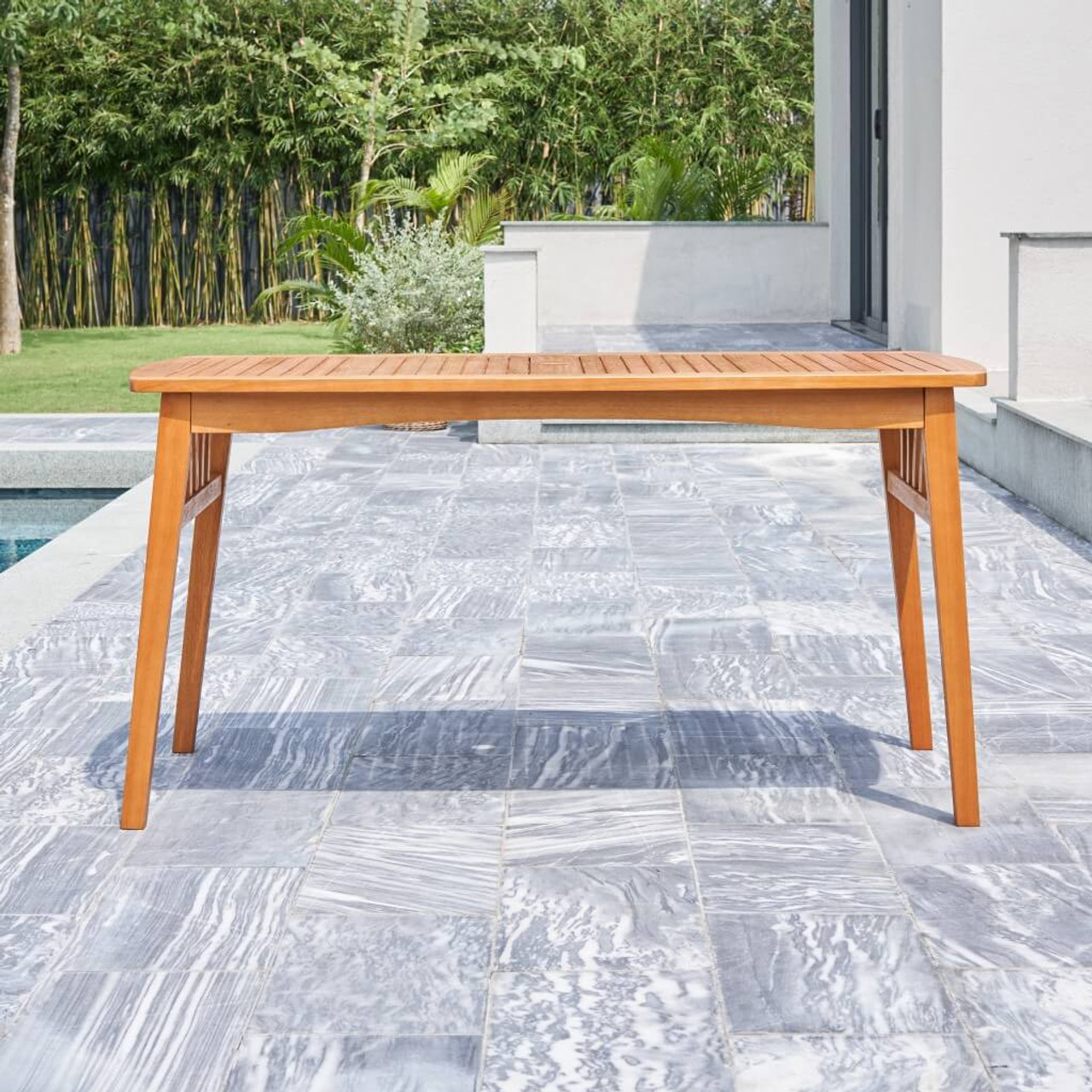 59" Natural Eucalyptus Wood Geo Outdoor Dining Table With Umbrella Hole