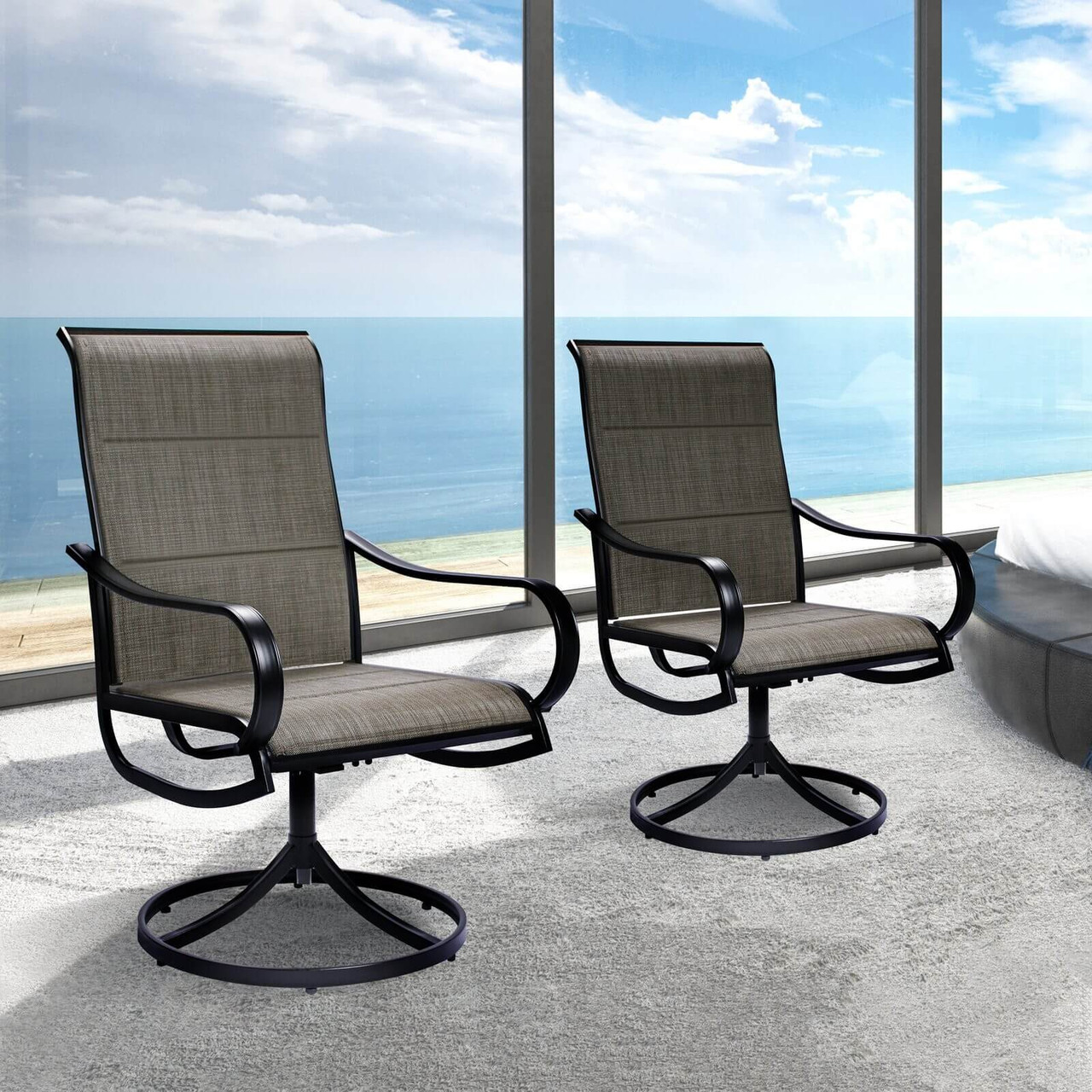 Set of 2 Gray Padded Swivel Outdoor Dining Chairs