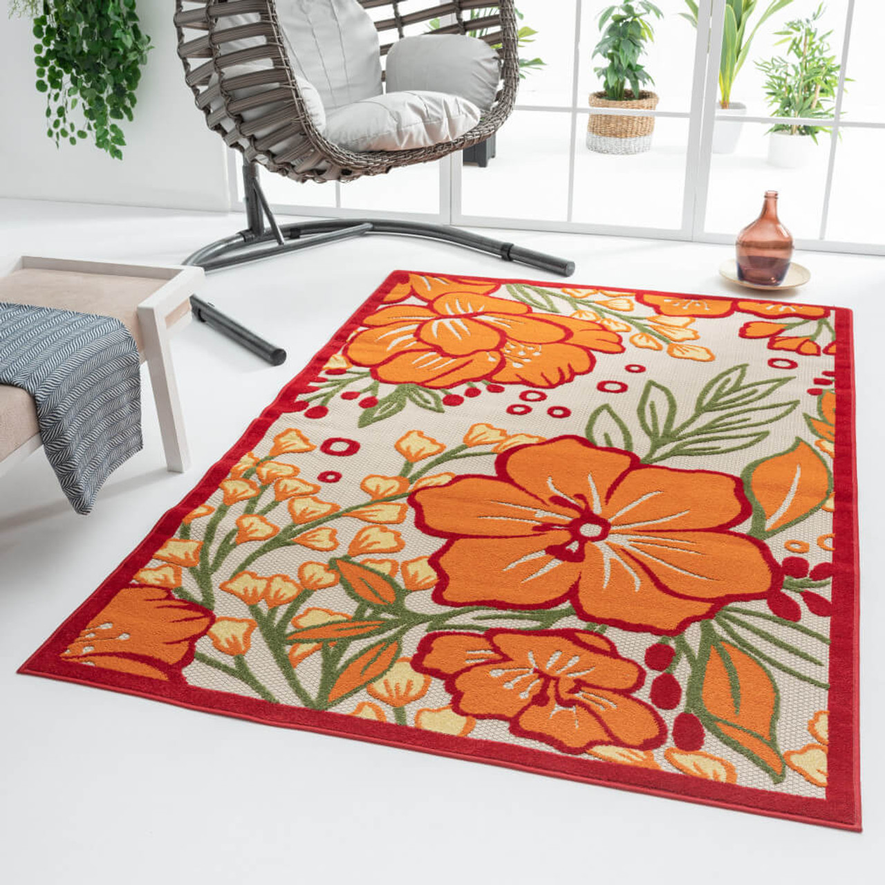 8' X 10' Orange And Ivory Floral Stain Resistant Indoor Outdoor Area Rug