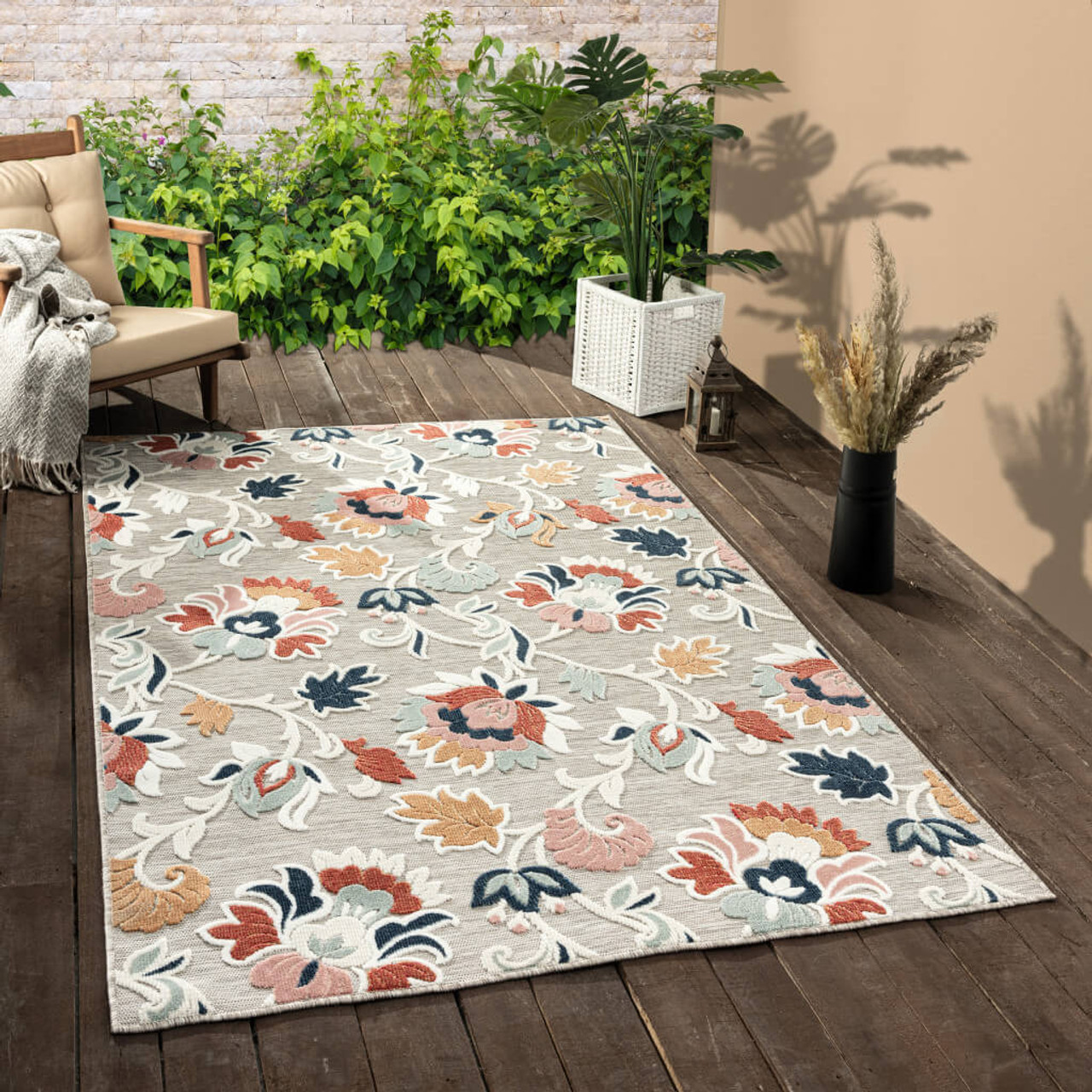 8' X 10' Blue And Gray Floral Stain Resistant Indoor Outdoor Area Rug