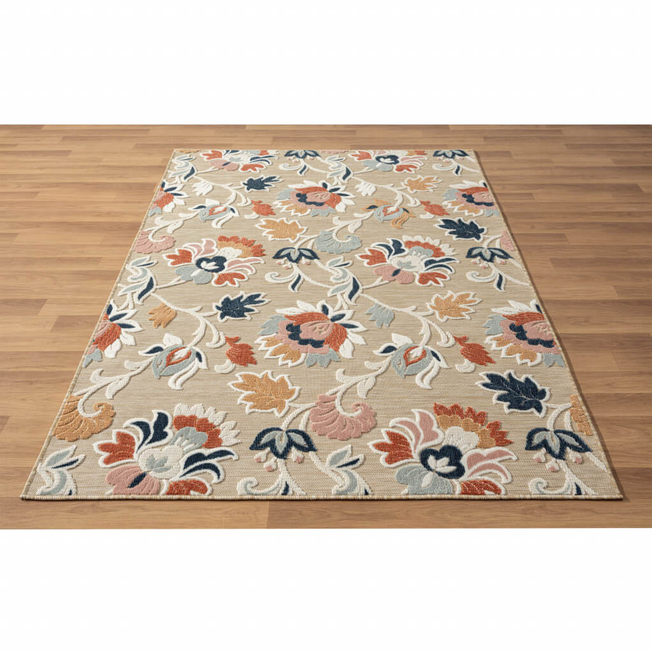 5' X 7' Blue And Beige Floral Stain Resistant Indoor Outdoor Area Rug
