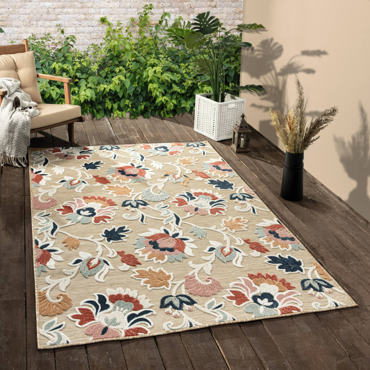 5' X 7' Blue And Beige Floral Stain Resistant Indoor Outdoor Area Rug