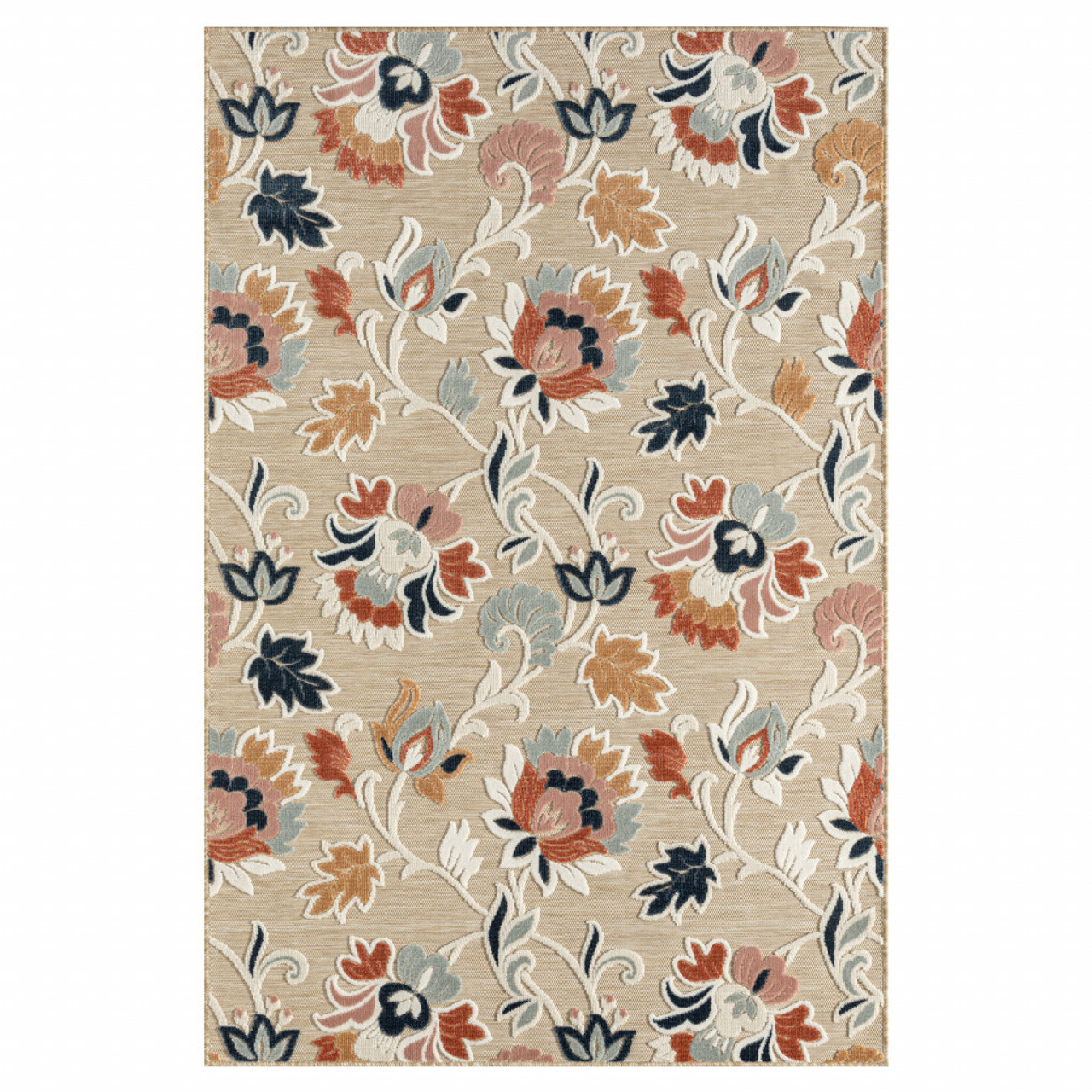 8' X 10' Blue And Beige Floral Stain Resistant Indoor Outdoor Area Rug