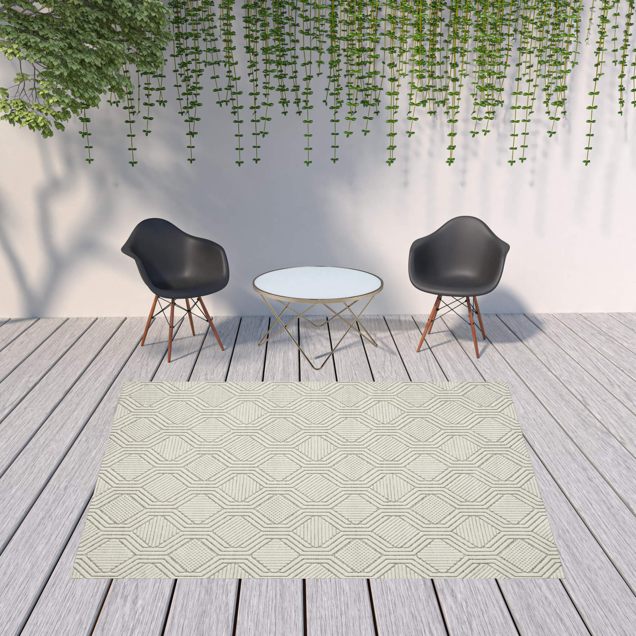 8' X 10' Gray And Ivory Geometric Stain Resistant Indoor Outdoor Area Rug